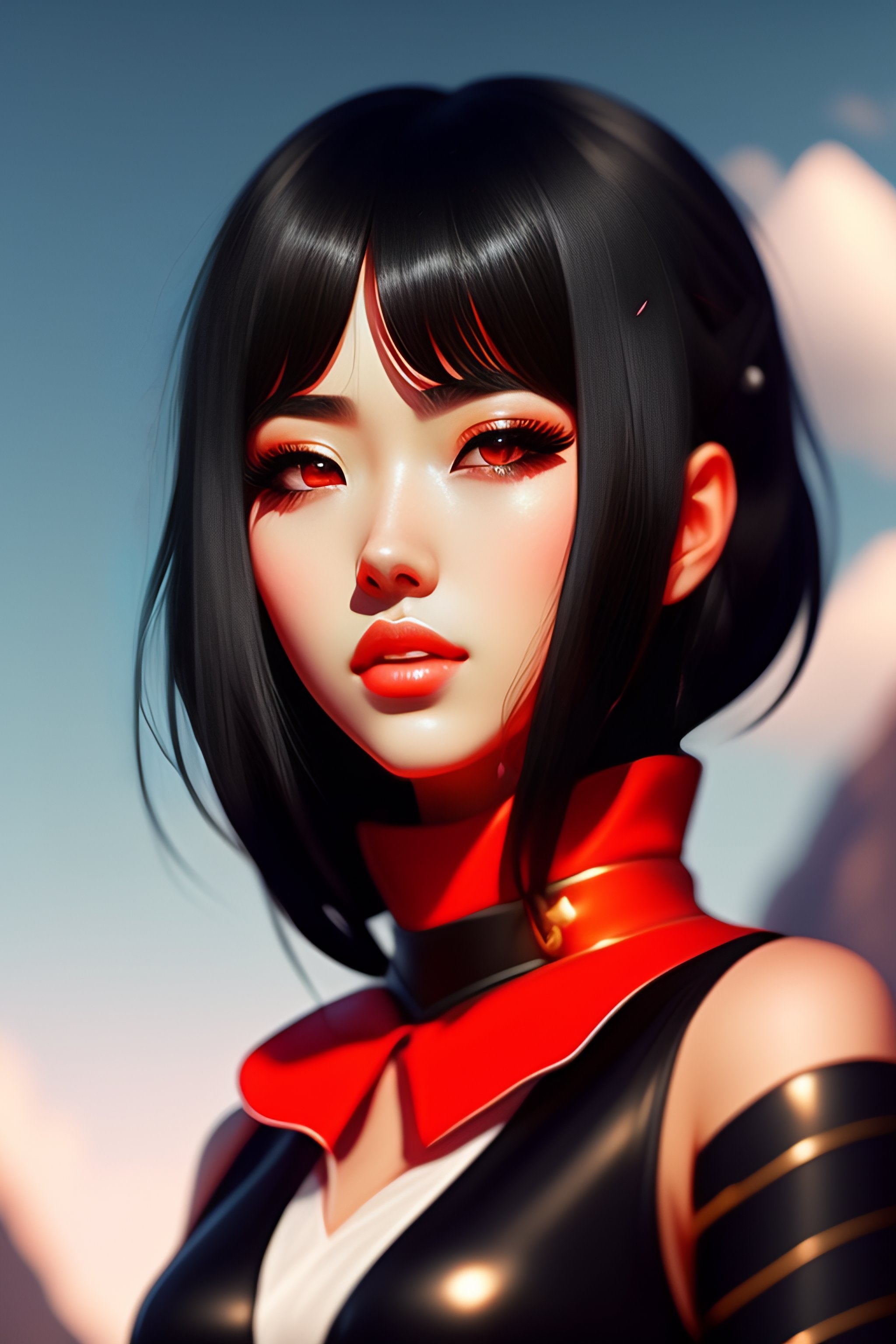 Beautiful anime girl with black hair and red eyes