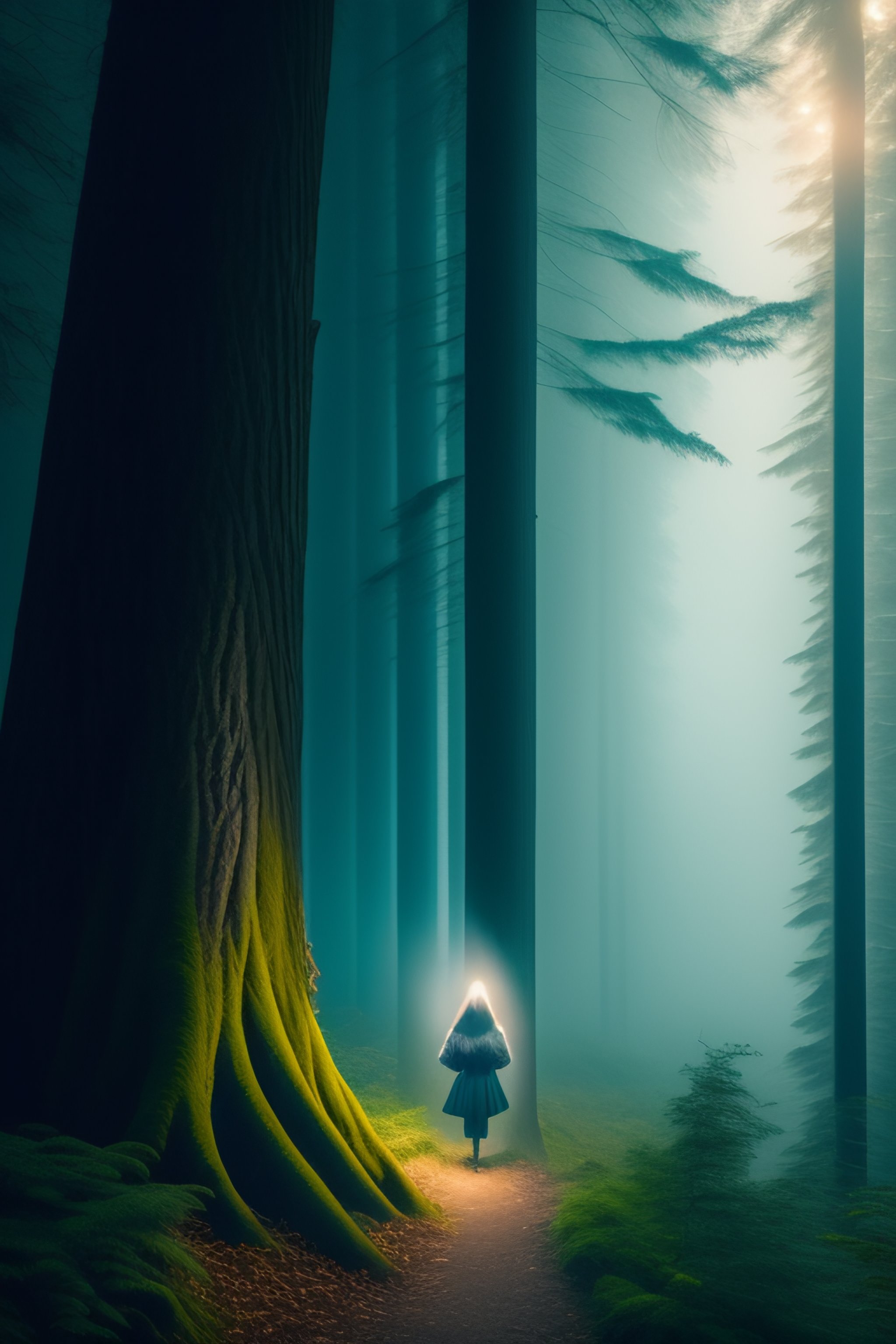 Lexica - Ghostly girl peeking from behind a tree in a dark foggy forest