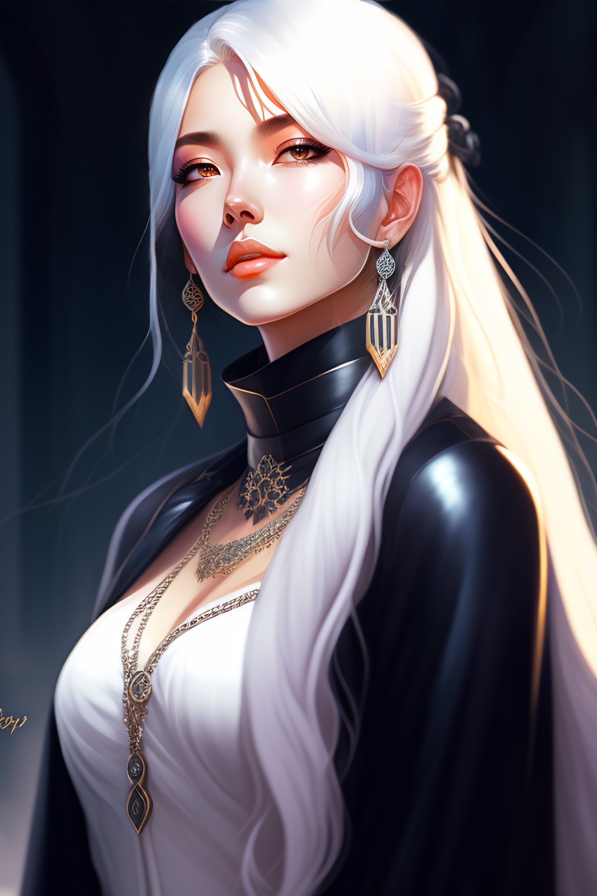 Lexica - Female with long detailed white hair, black dress with belt ...