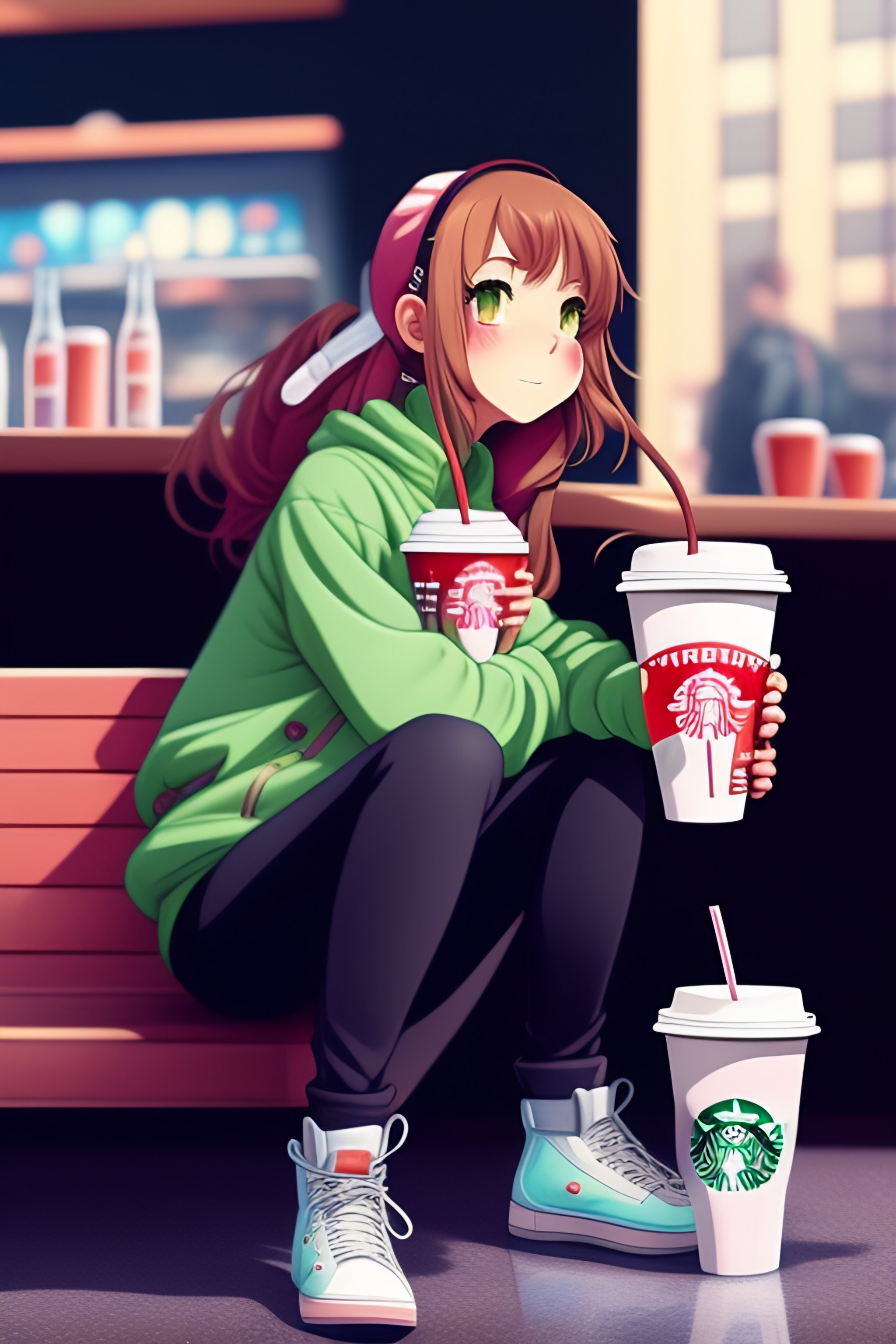 Lexica Clear cartoon of an anime girl in jeans and jumper drinking