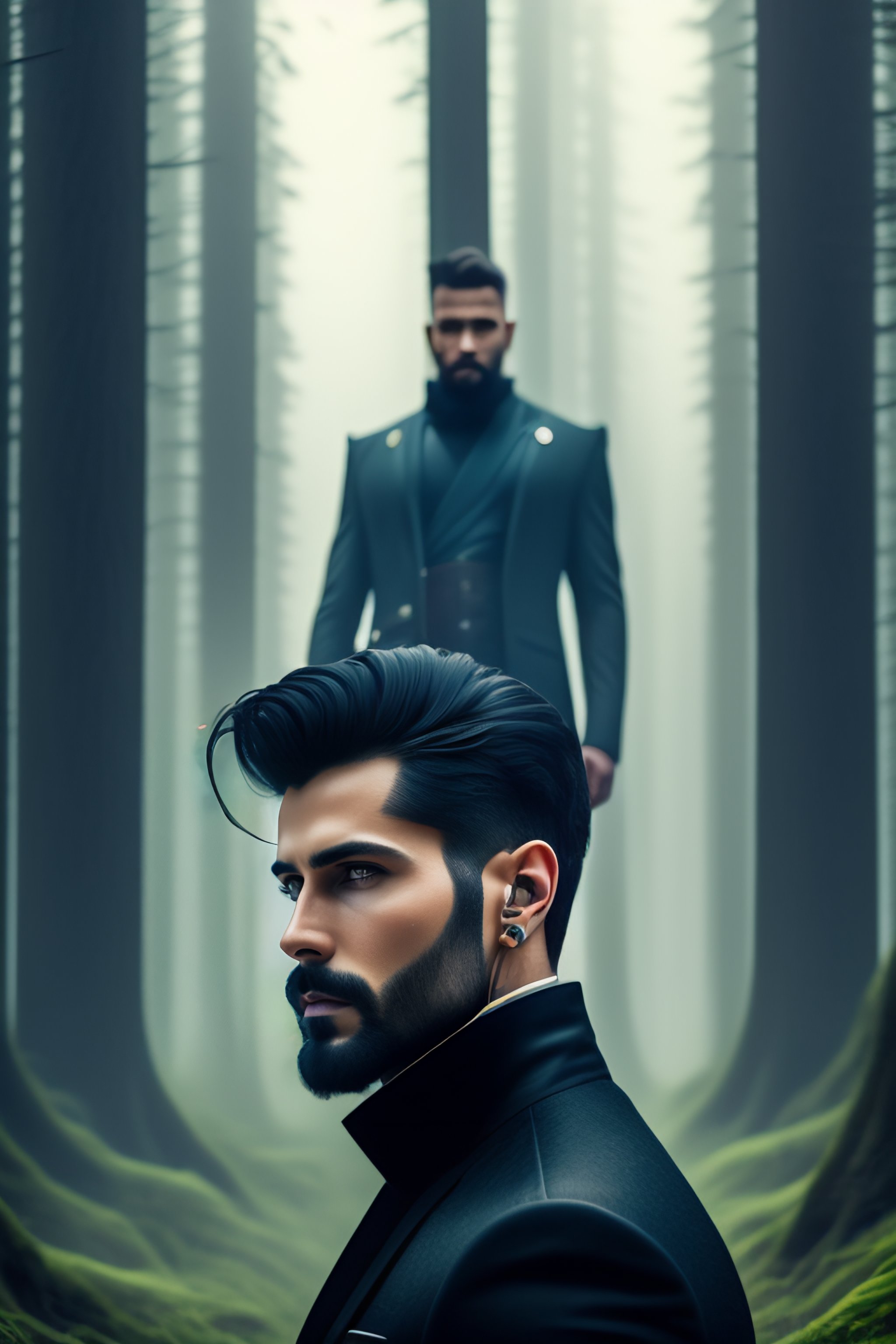 Lexica Realistic handsome dark haired man with short beard, cyber