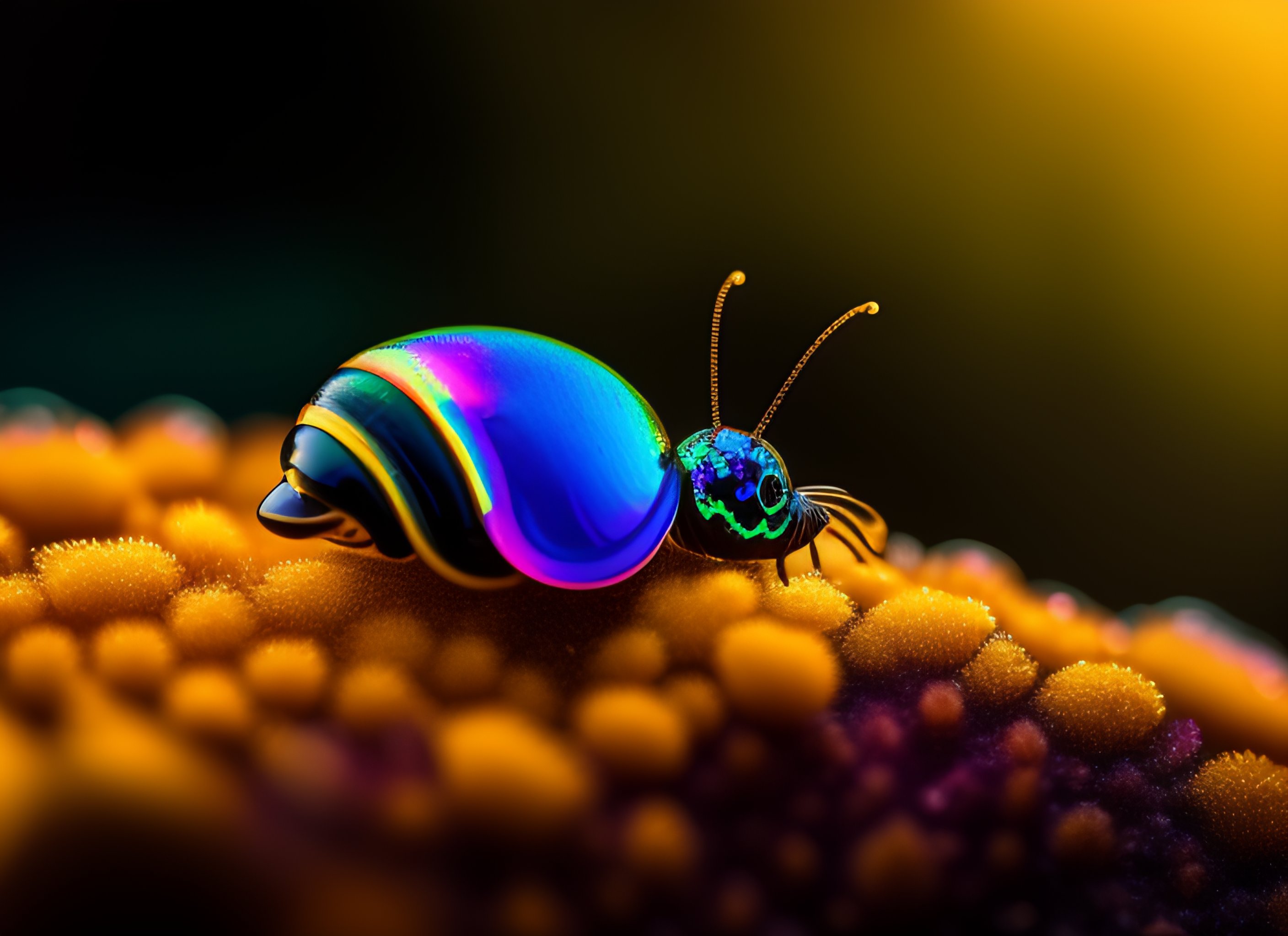 Lexica - A photograph of a glossy iridescent black snail with fuzzy ...