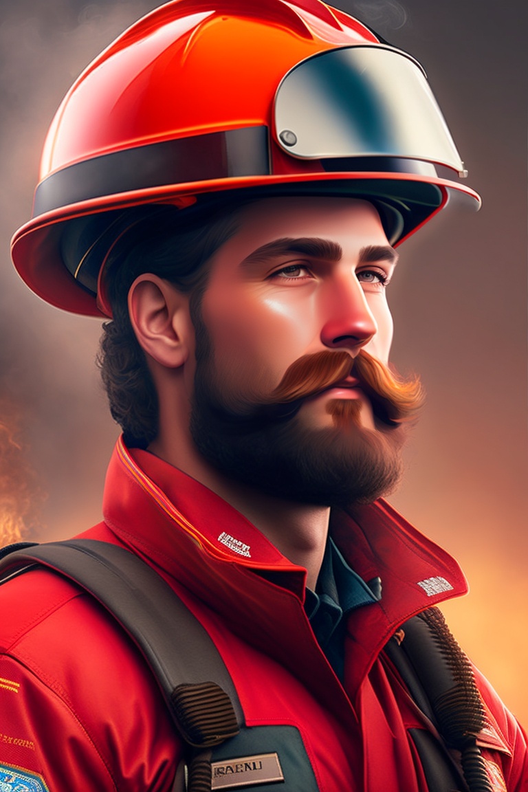Lexica A firefighter wearing a red firefighting suit and helmet, with