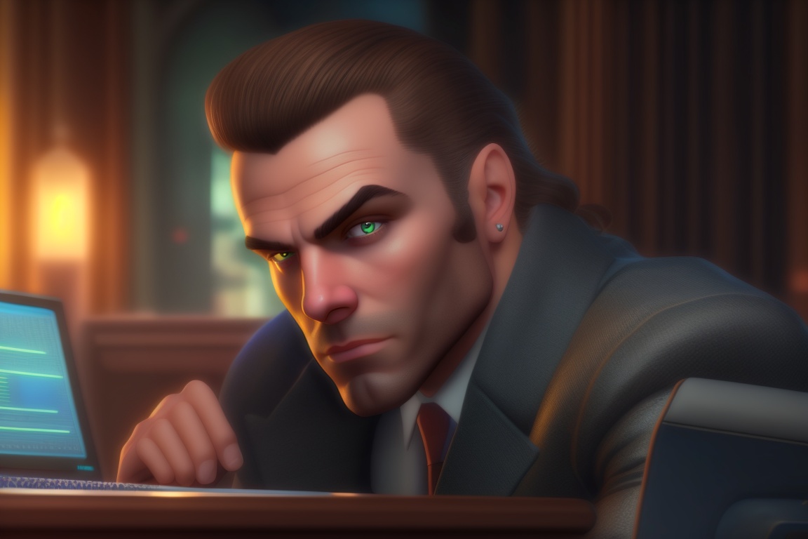 Lexica - Man sitting at a computer, license in hand, evil smirk