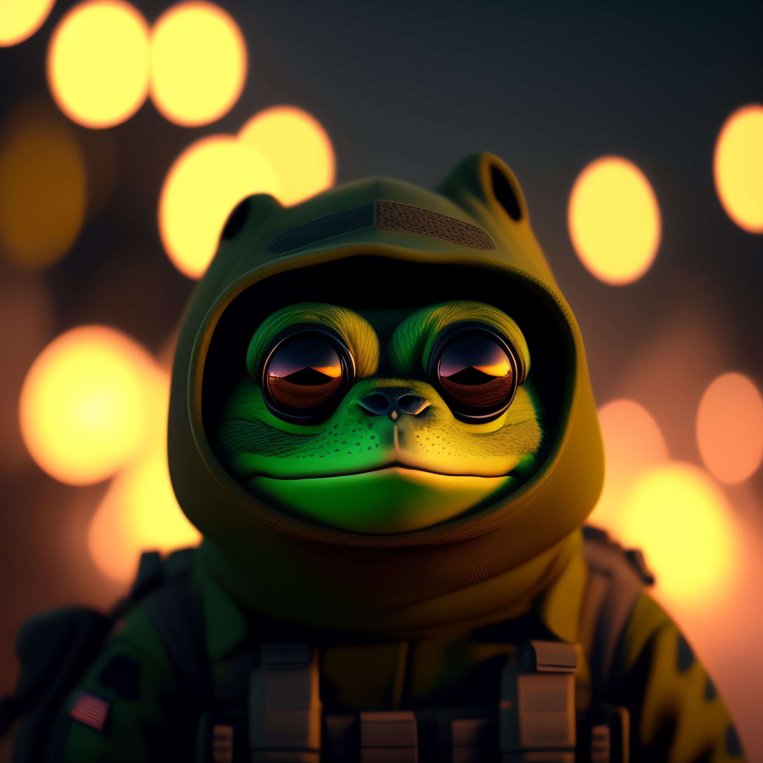 Lexica - Pepe the frog in the army at night, key lighting, soft lights ...