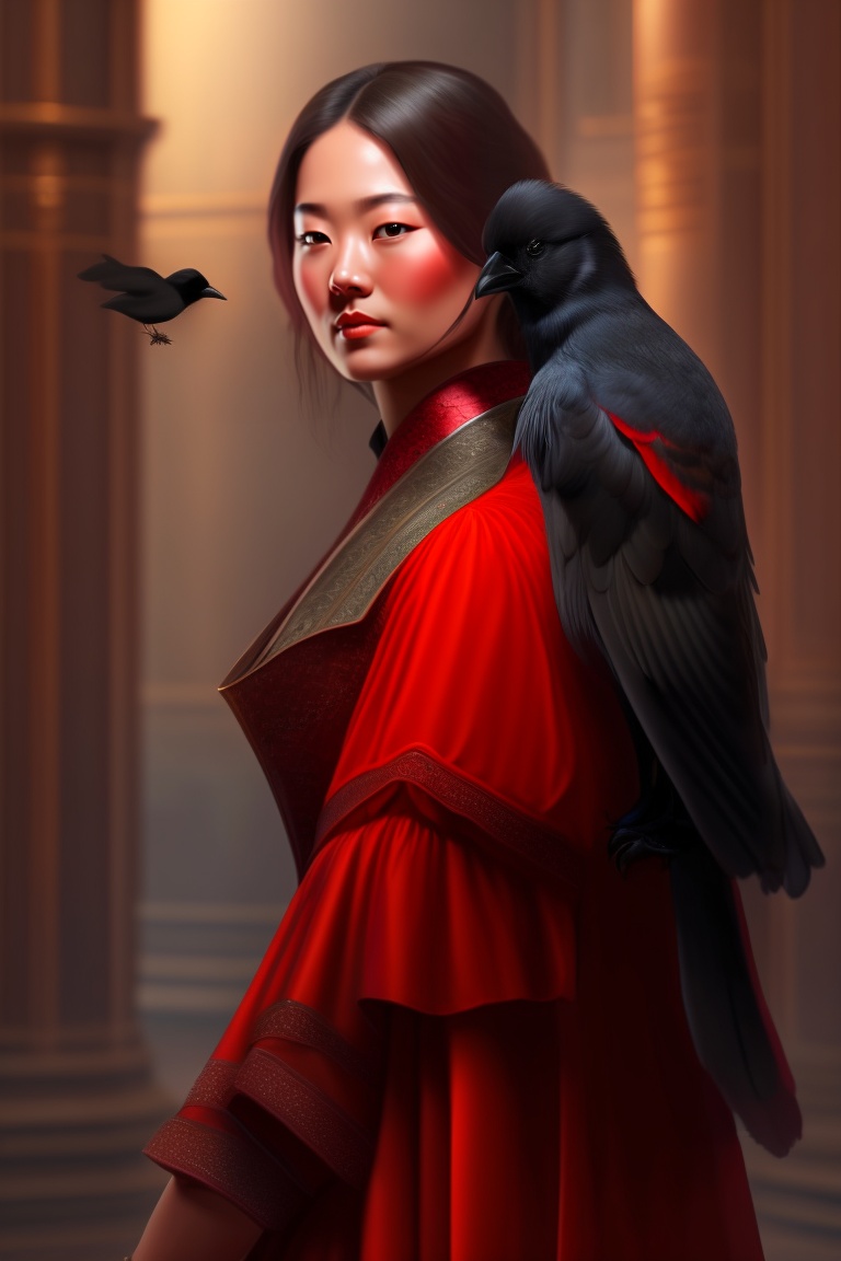 Lexica - A woman in a red dress holds a crow in her arms, stands half-side