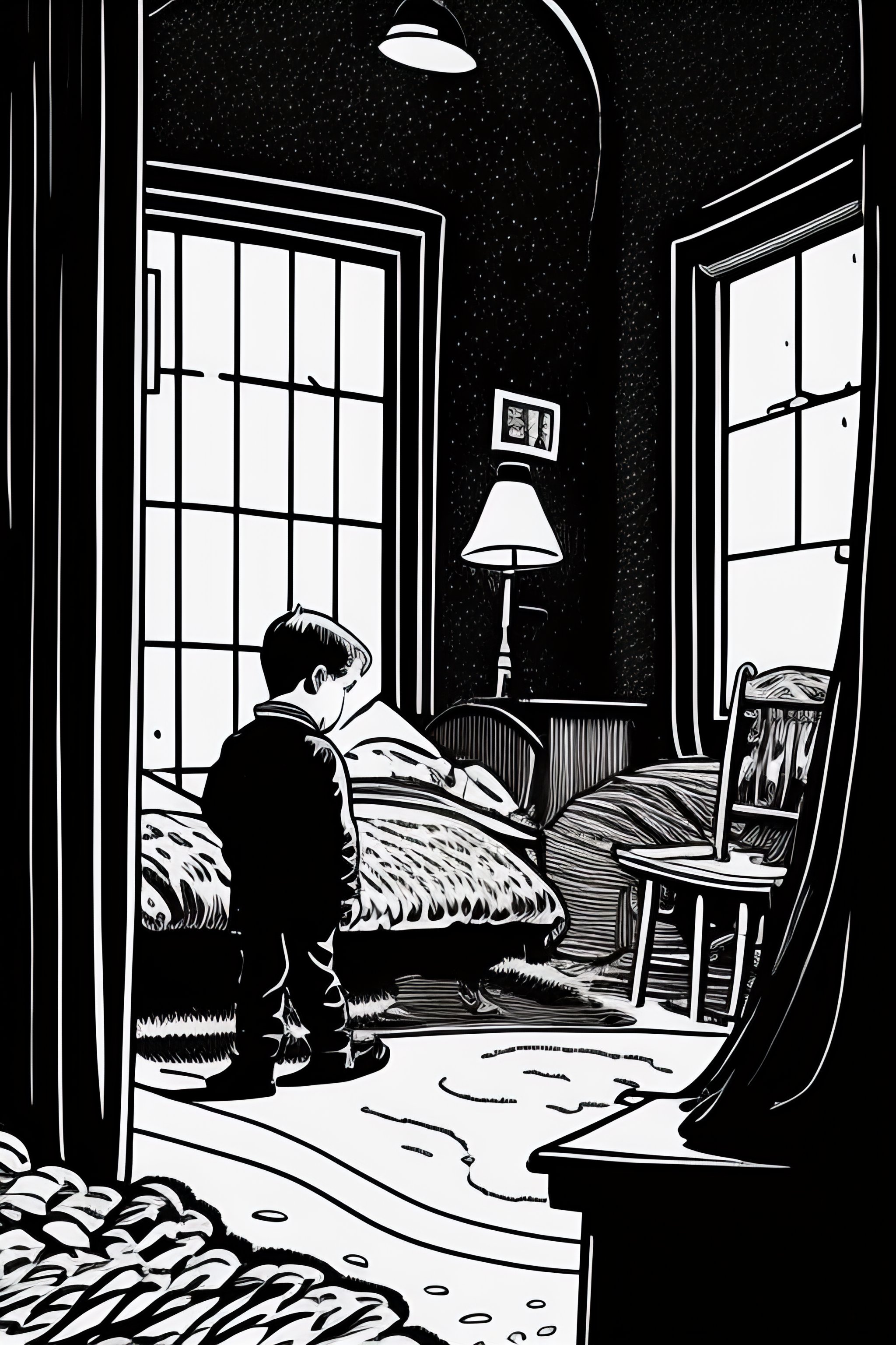 Lexica Pen and ink, illustrated by hergé,. boy alone in his messy