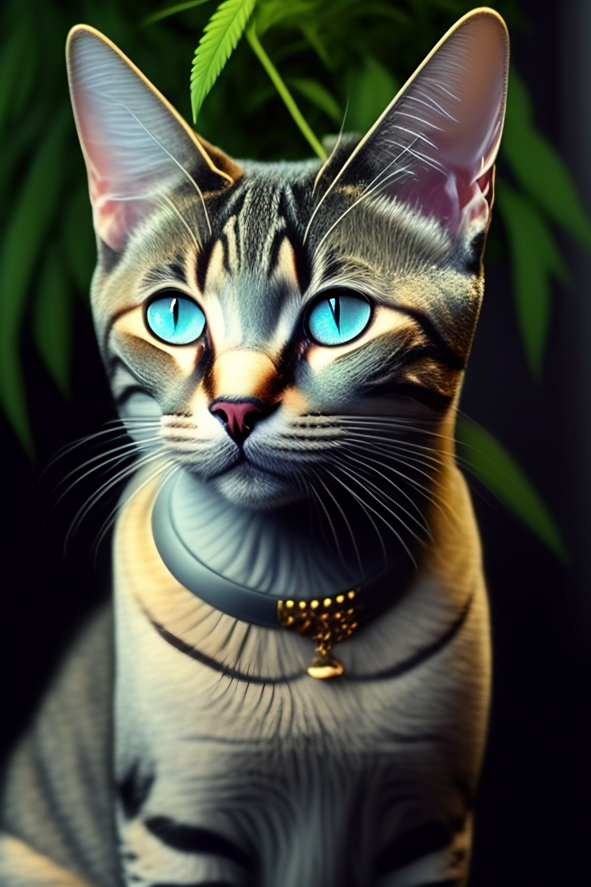 Lexica - Lucy is a cat with grey skin she has super cute eyes she hands a  cannabis flower to the camera background of the cat are written words:  