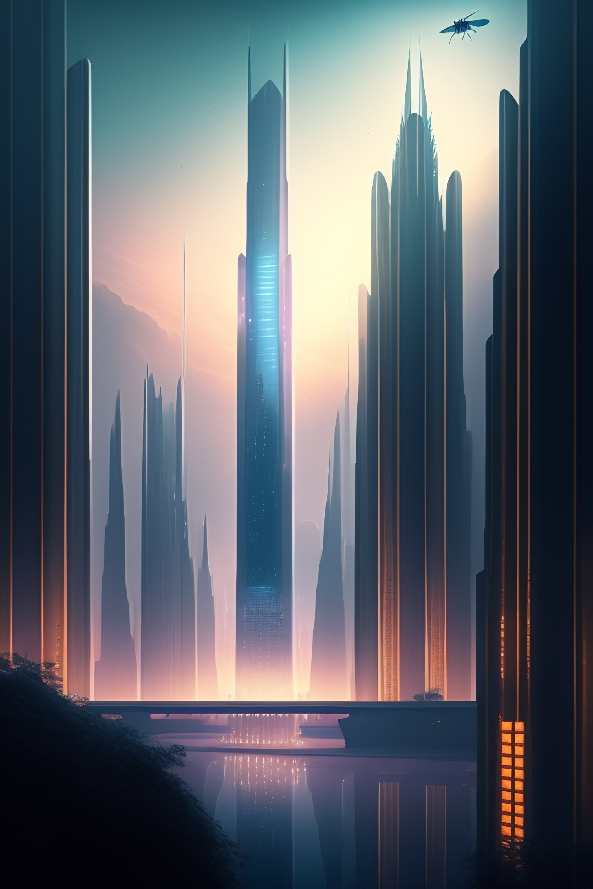 Lexica - Future tech bee , night city in the background, muted colors ...