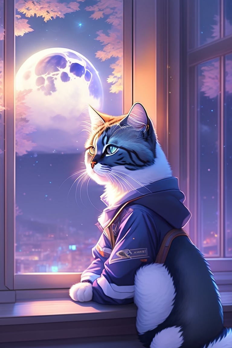 Lexica - Anime cat girl beautiful face, sit down with cat next window see  the night city under moon light