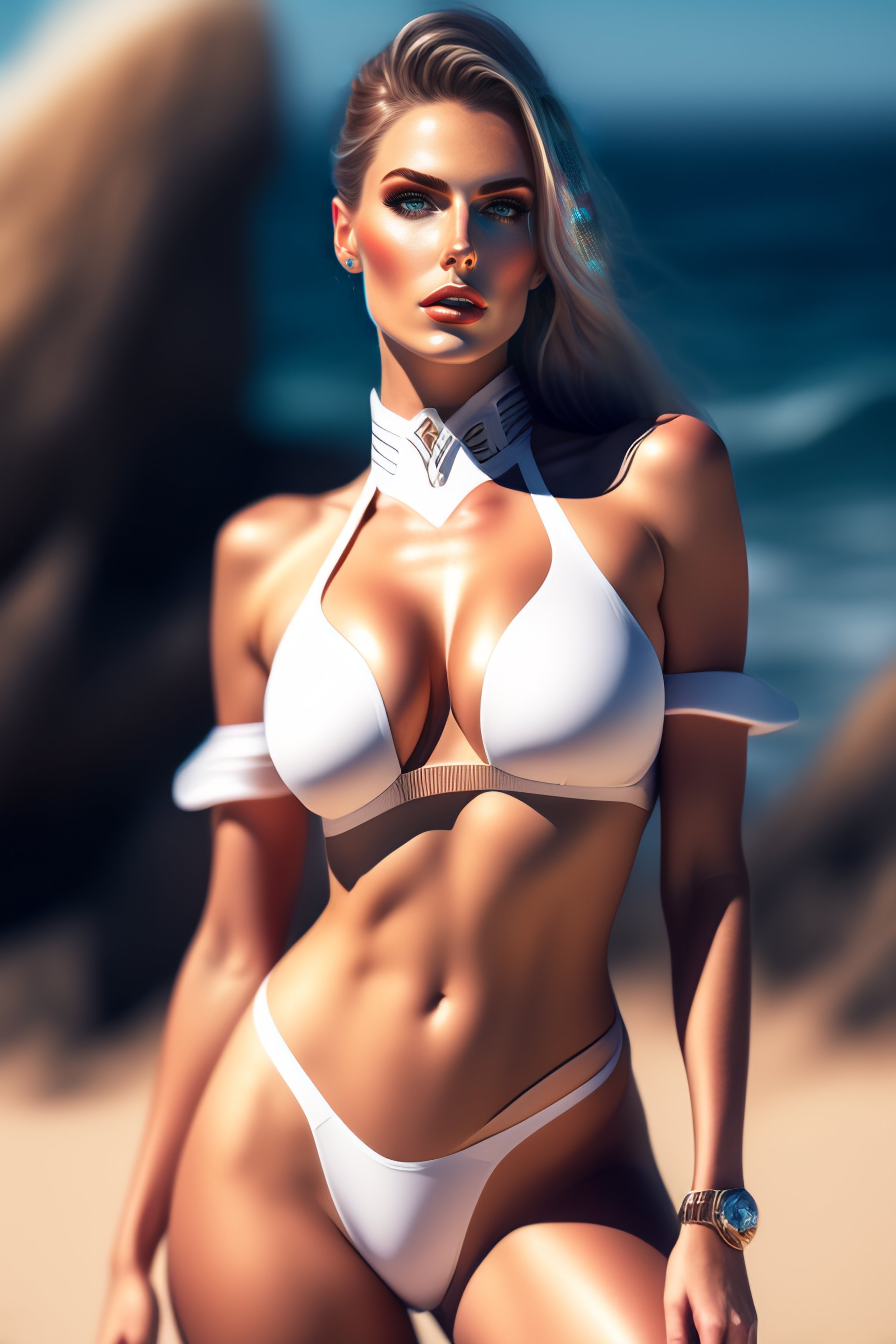 Lexica Widowmaker highly detailed wearing a white bikini