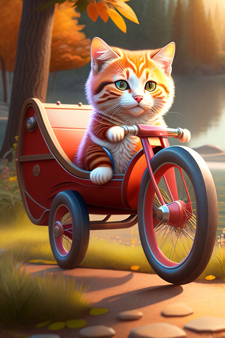 Lexica - Red cat riding a tricycle in the park near the lake, pixar ...