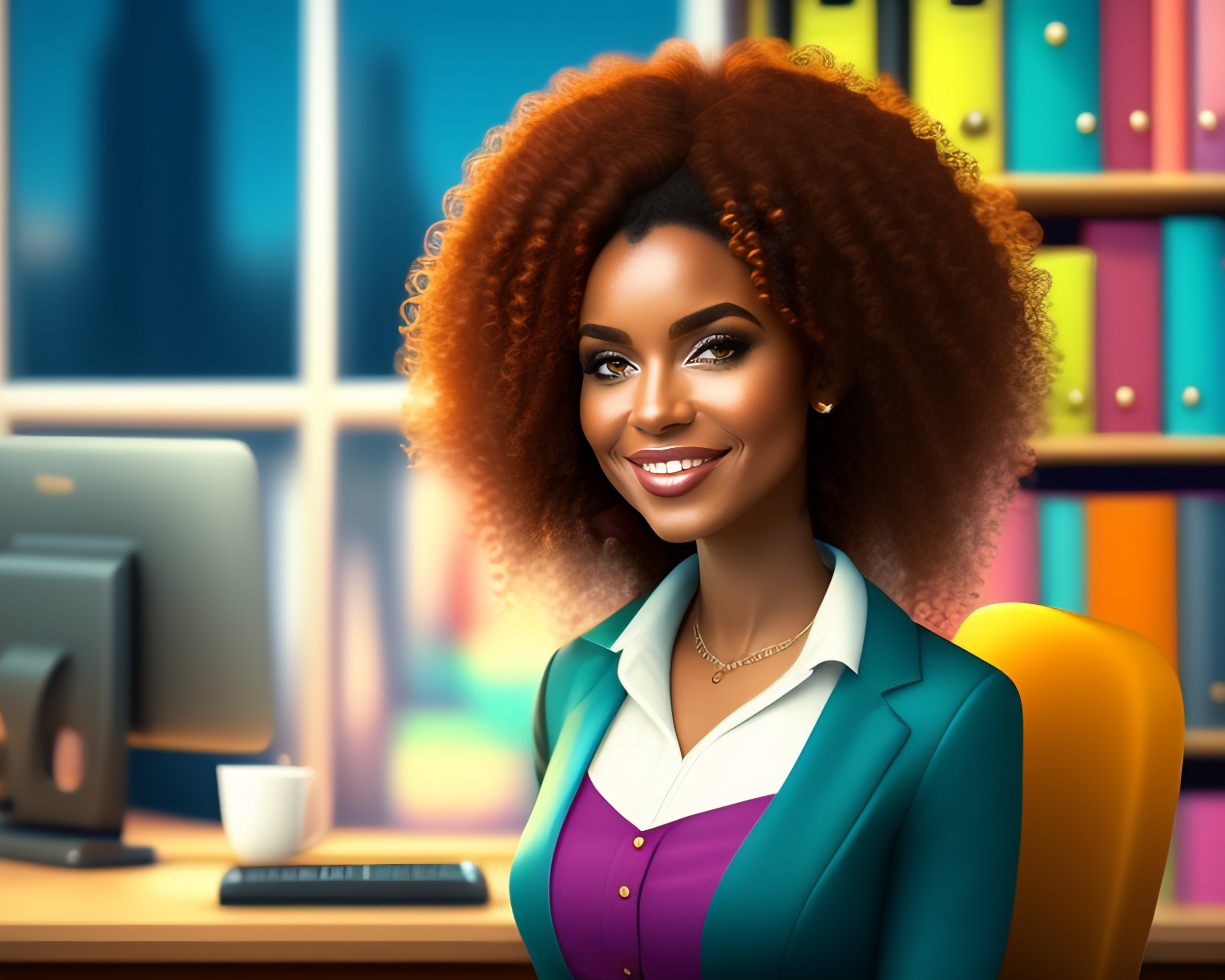 Lexica - Simple cartoonish style curly headed woman sitting in her office