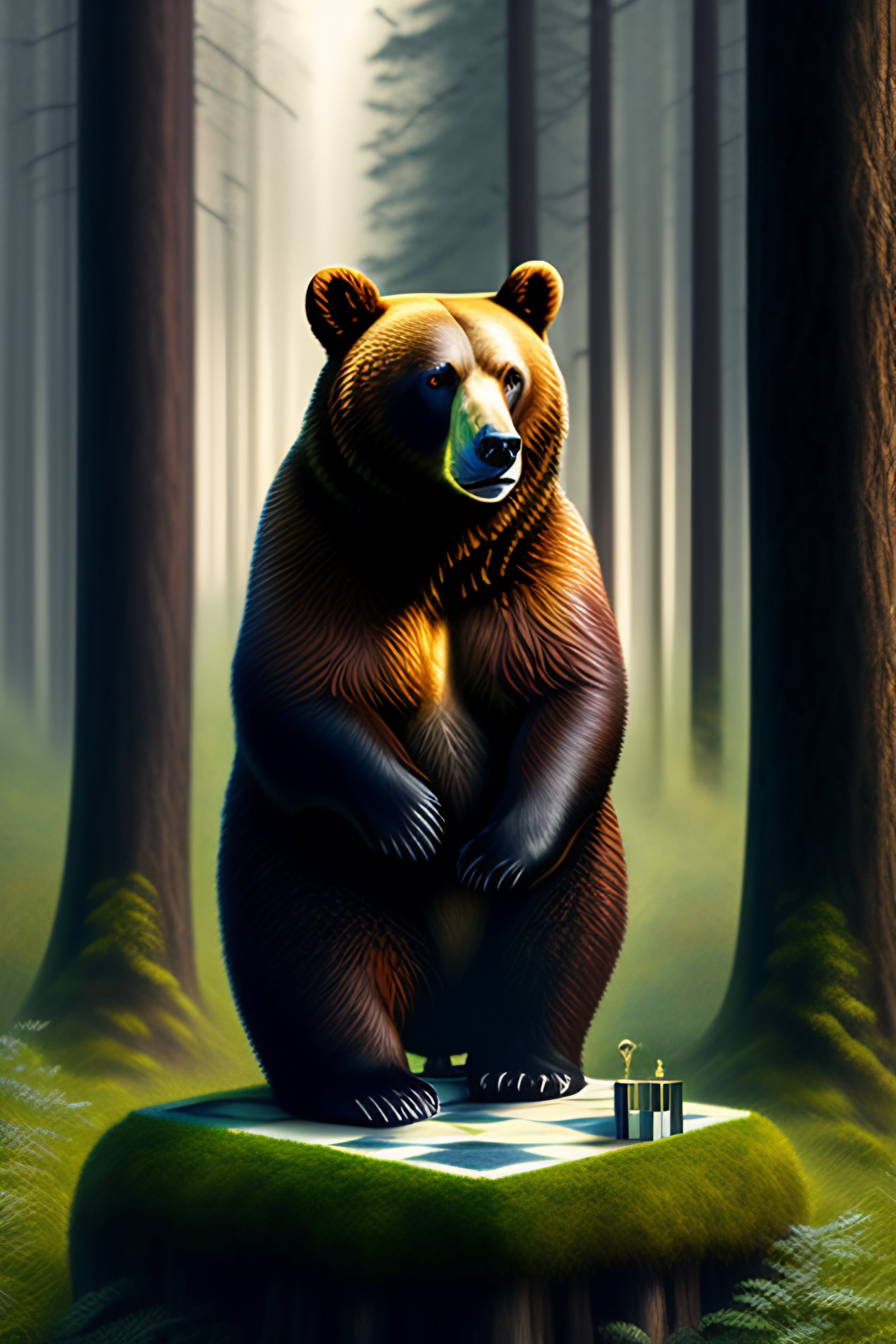 Lexica - A bear stands on a chessboard in the forest in the style of ...