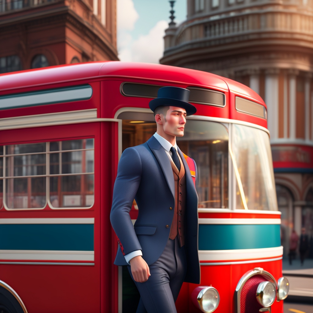 Lexica - Sharply dressed man boards a double decker Red bus in London ...