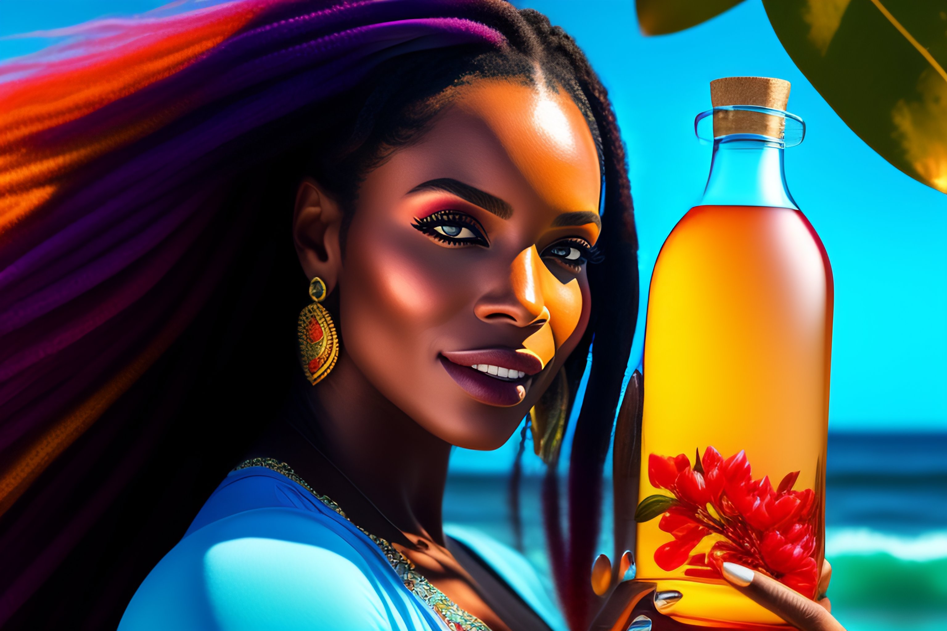 Lexica Caribbean Womans Beautifull Con Botellas De Agua En Sus Manos Guacamayos Volando Rojo 9356