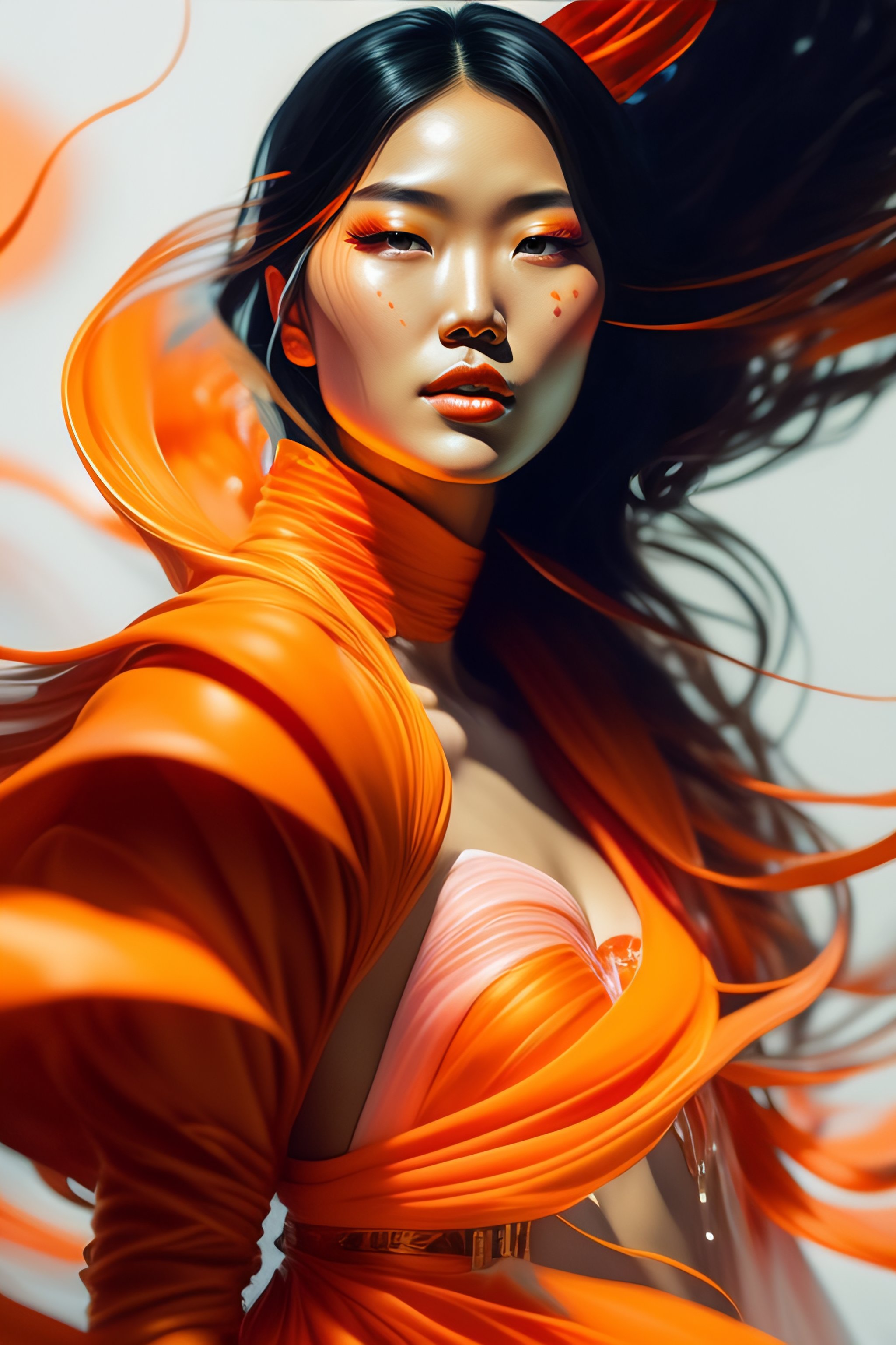 Lexica - Mulan, orange spike aura in motion, damaged japanese clothes ...