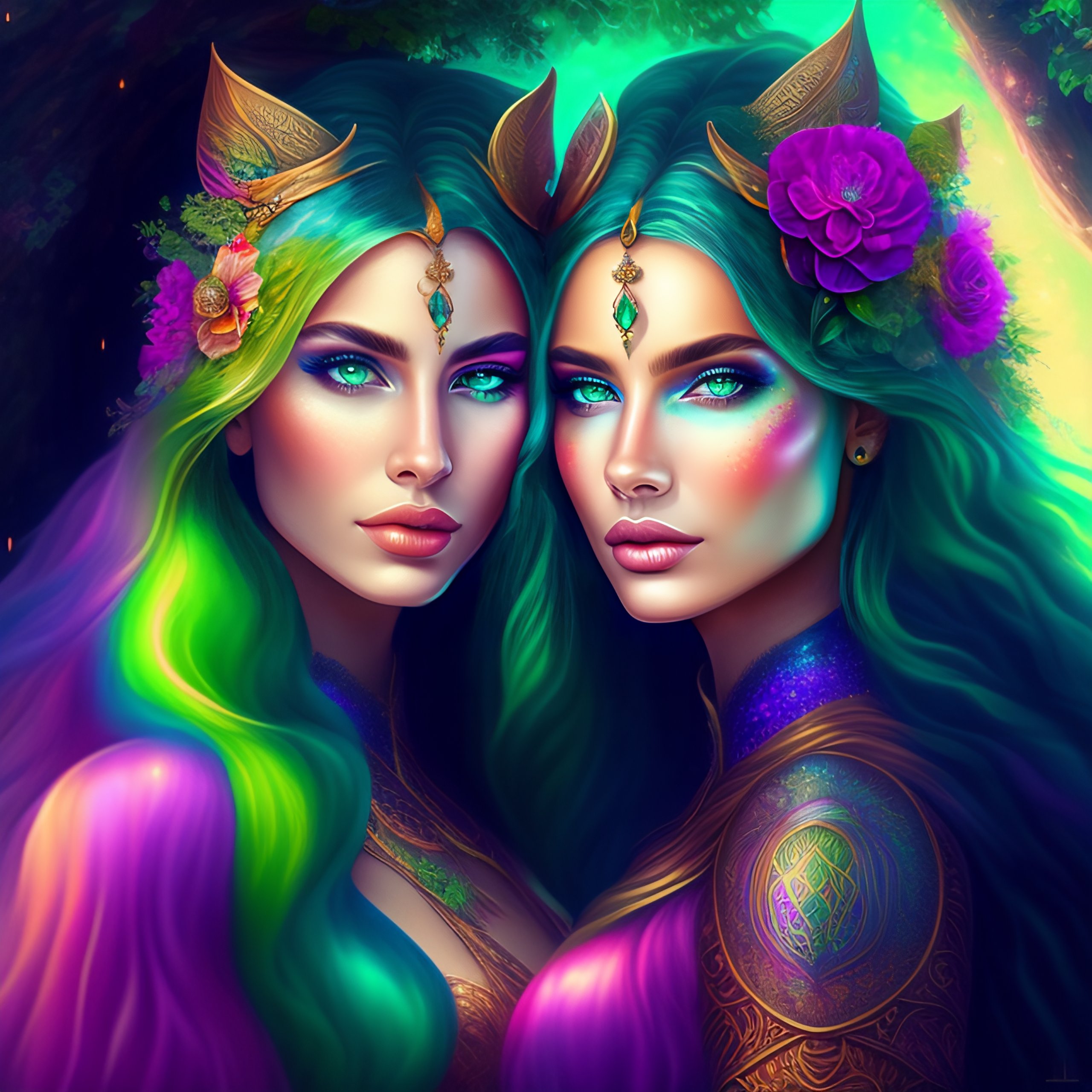 Lexica - Twin sisters, beautiful mystical creature, fantasy art