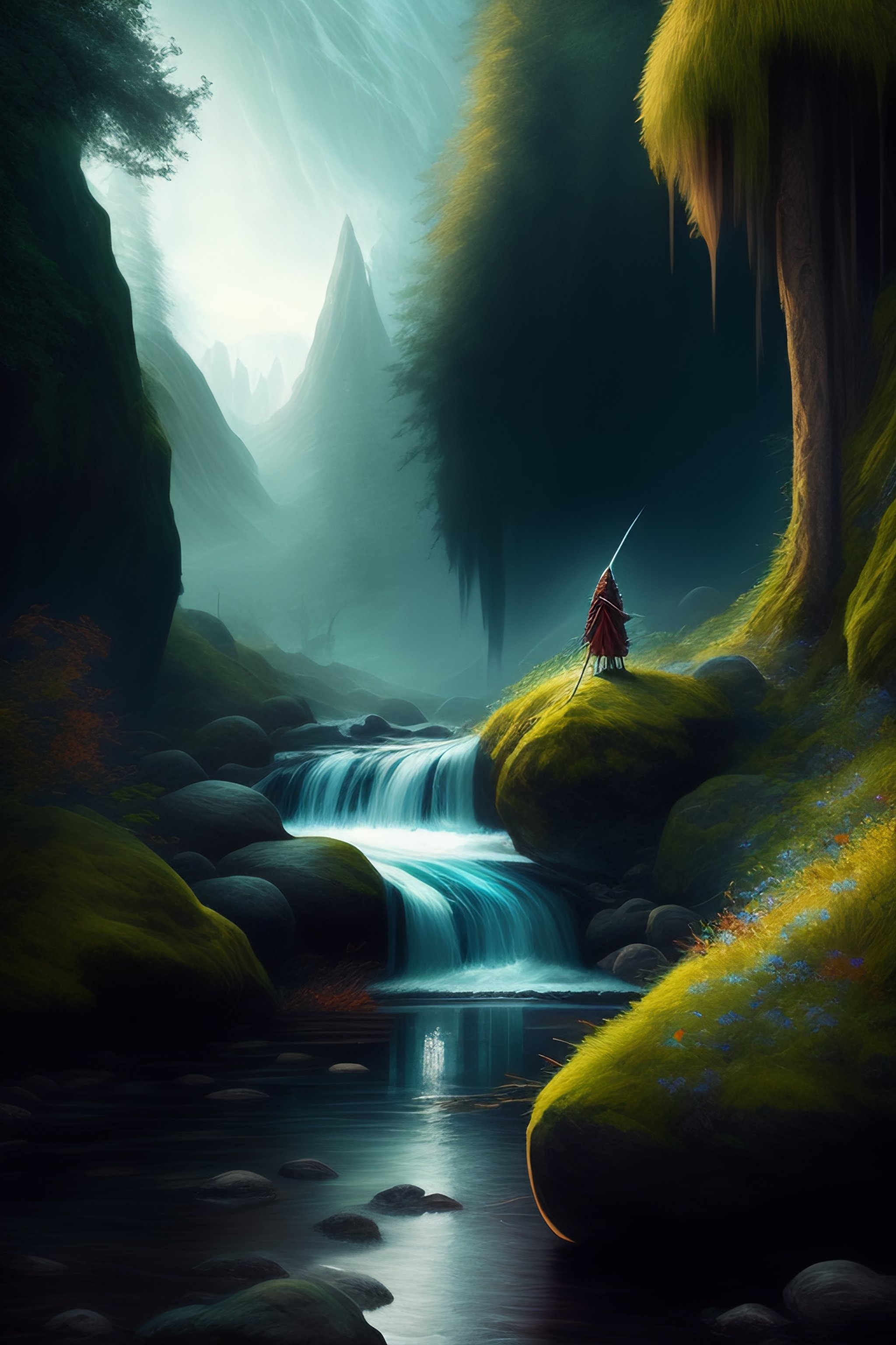 Lexica - Dark elf near a stream. Highly detailed. Lord of the Rings.