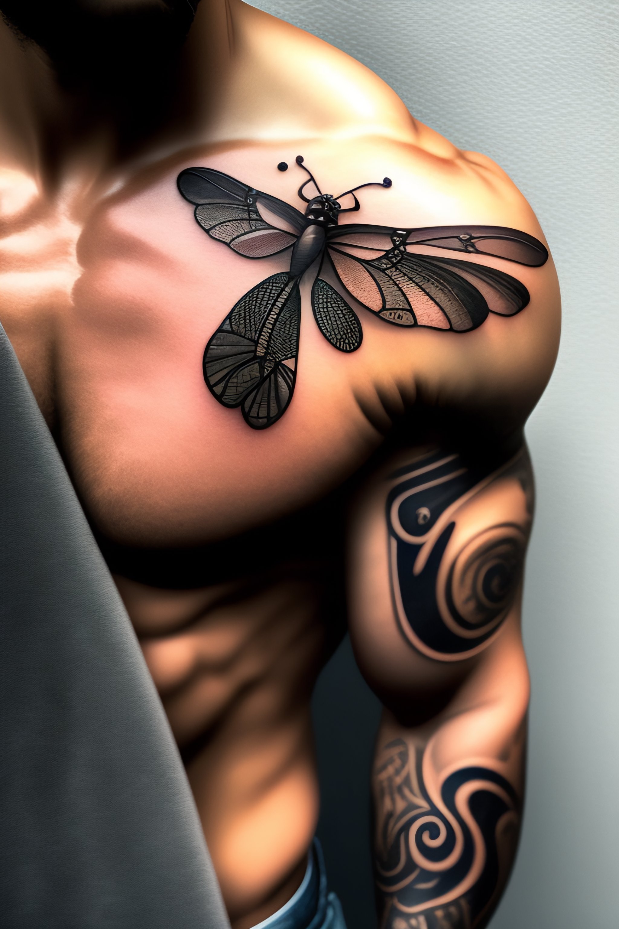Lexica - Chest man center dragonfly tattoo minimal portrait