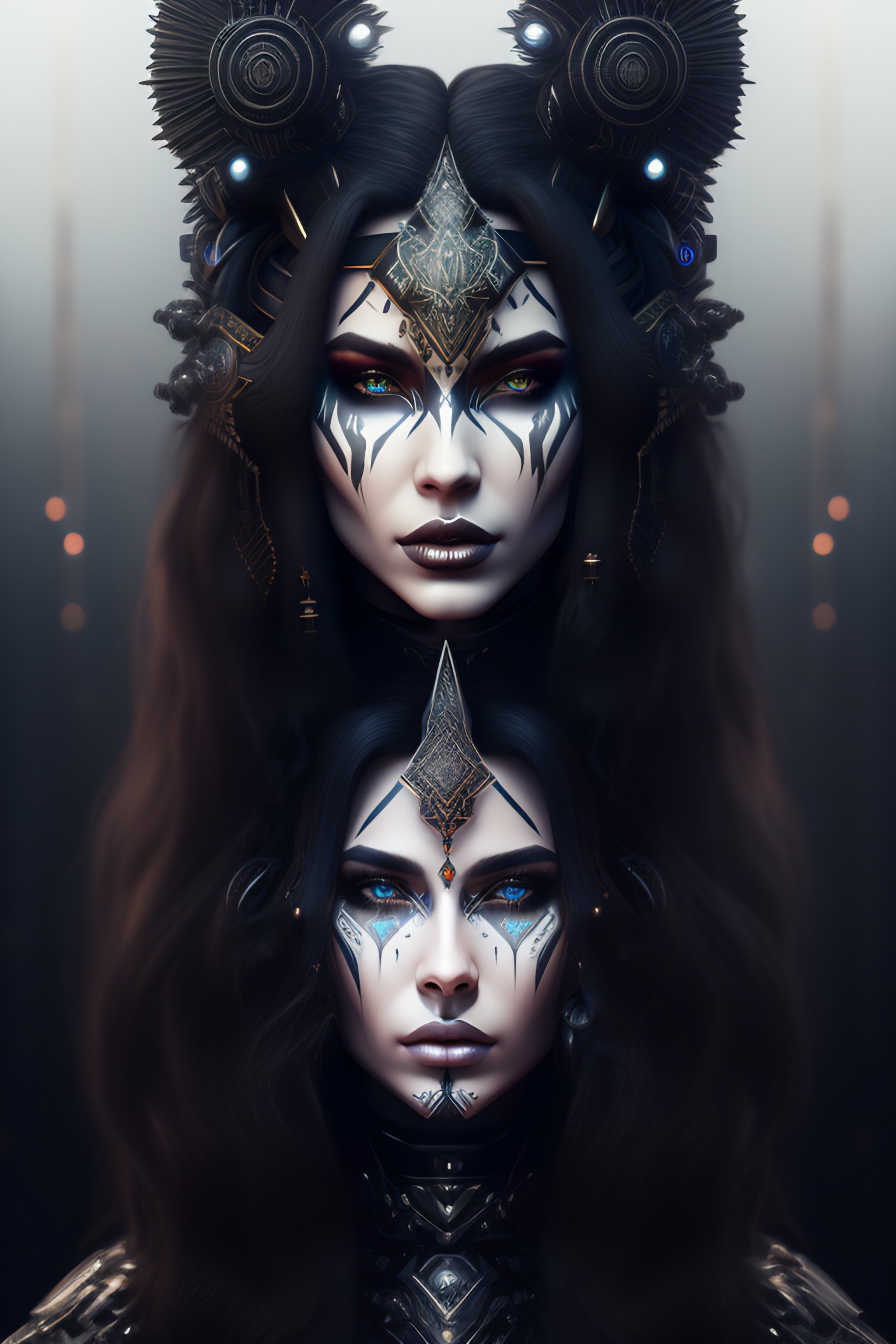 Lexica - Symmetry portrait cyborg with long hair, digital black