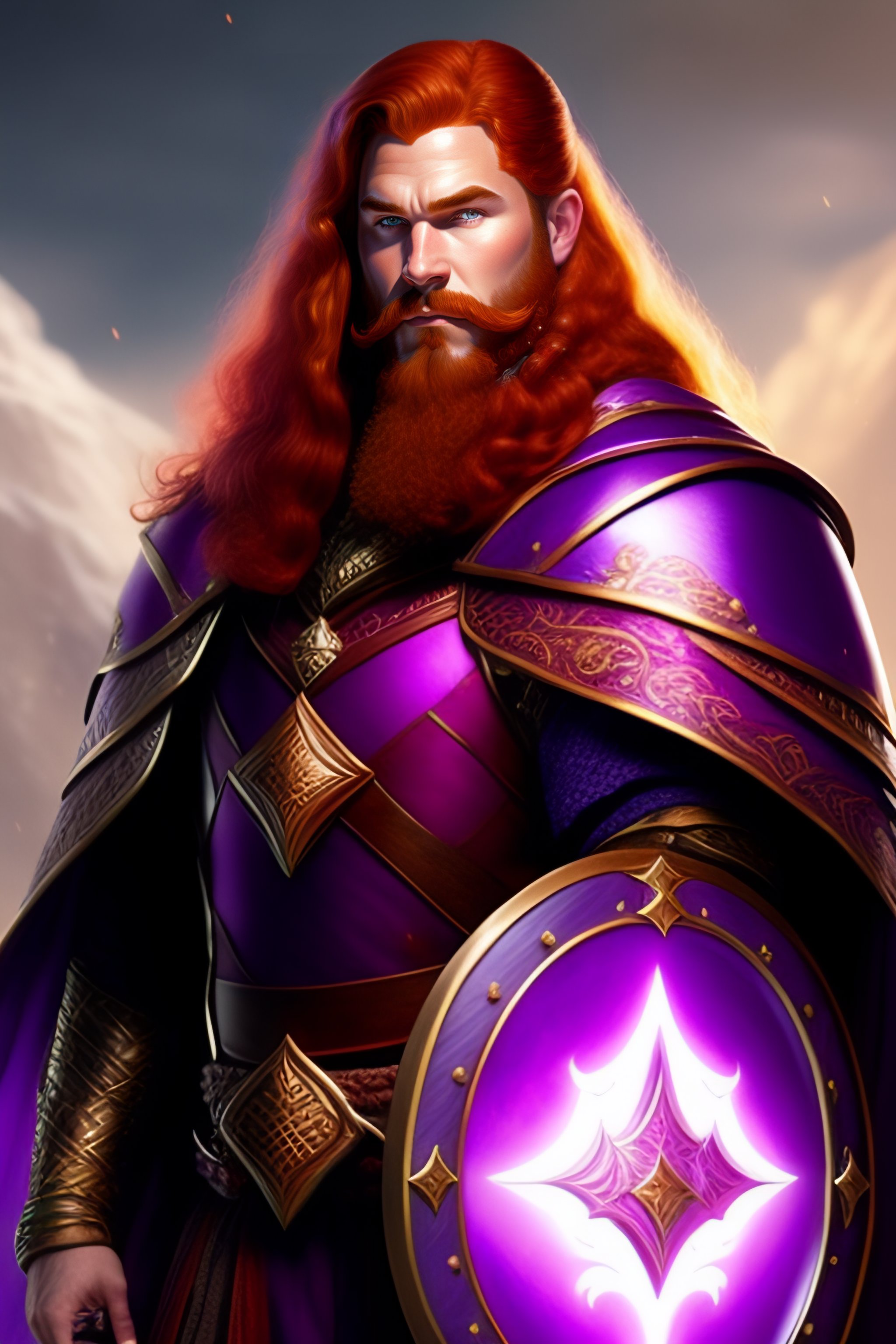 Lexica - A redhead fantasy dwarf wearing purple robes and a shield with ...