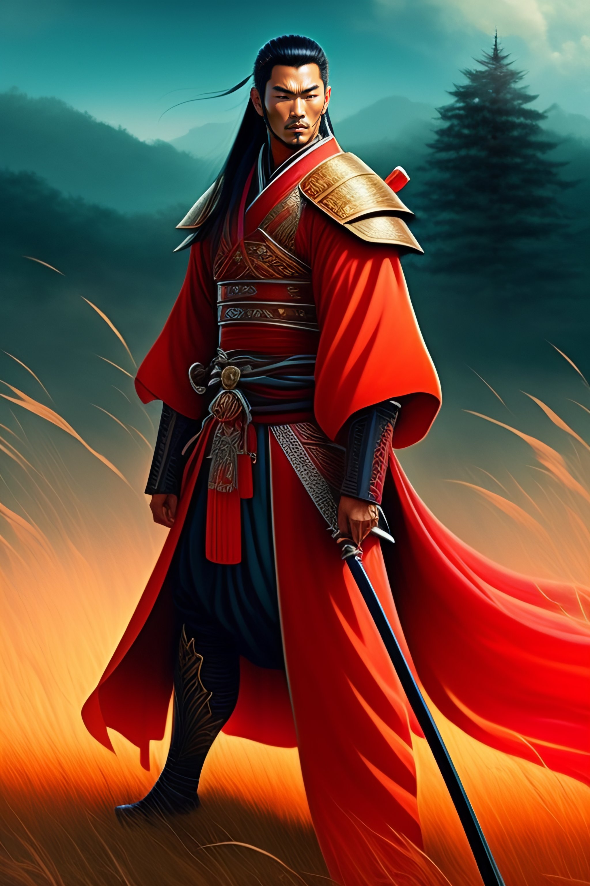 Lexica - Anime, Samurai Standing in Field, Red Blade,