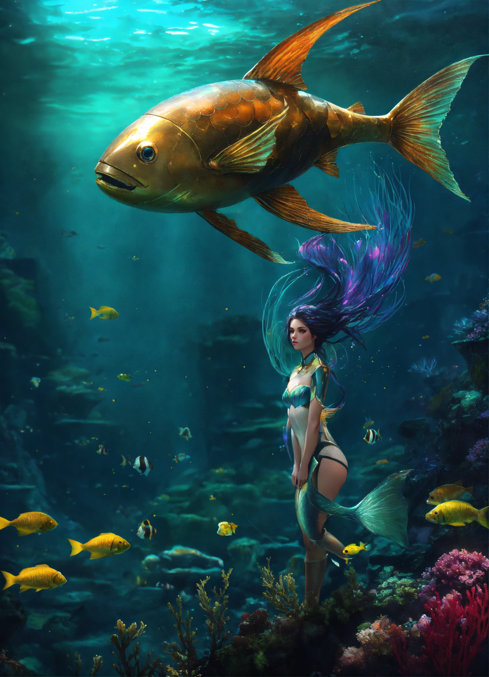 Lexica - A robot mermaid, in the bottom of the sea, dark light , whit a ...