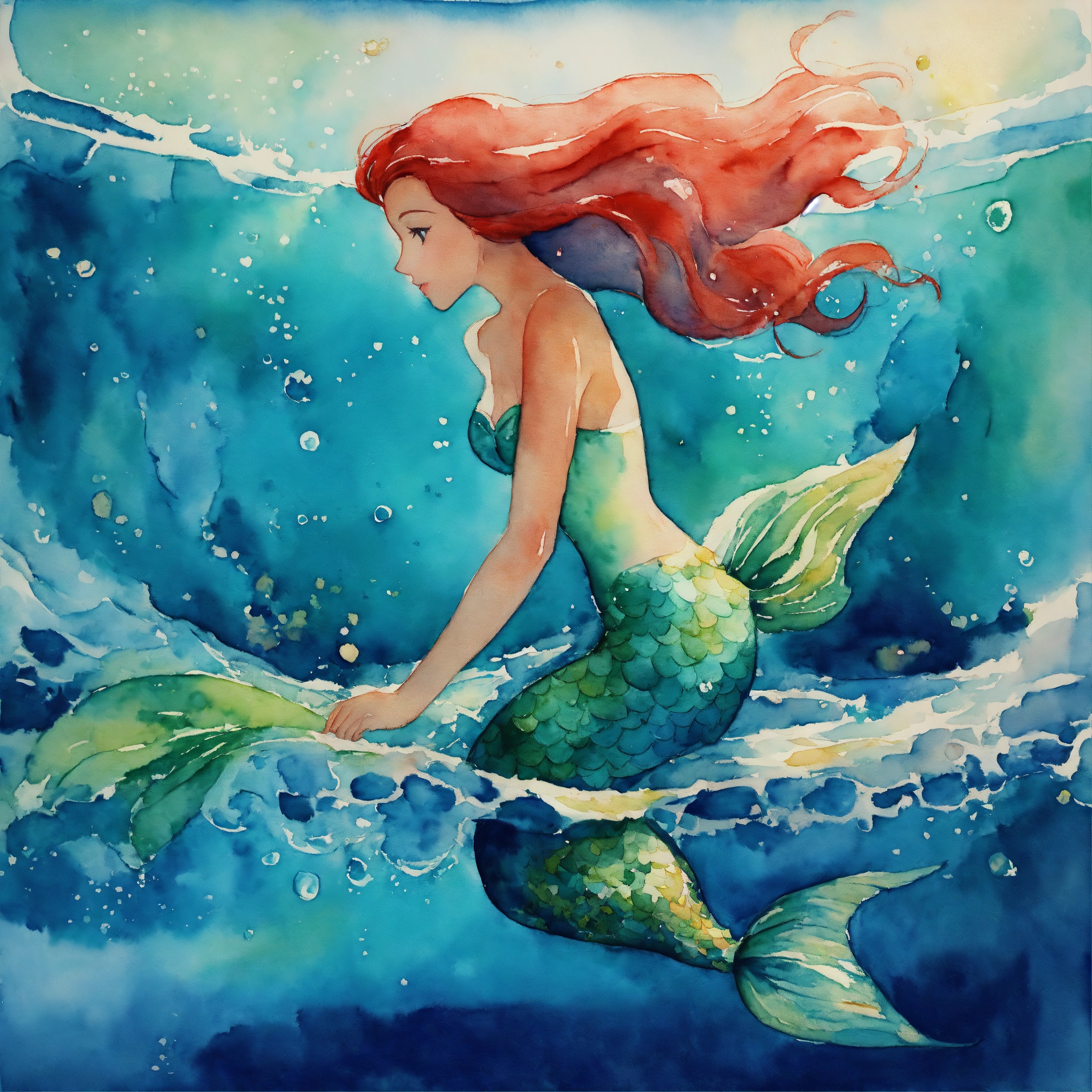 Lexica - Painting the little mermaid swimming in the ocean, watercolor