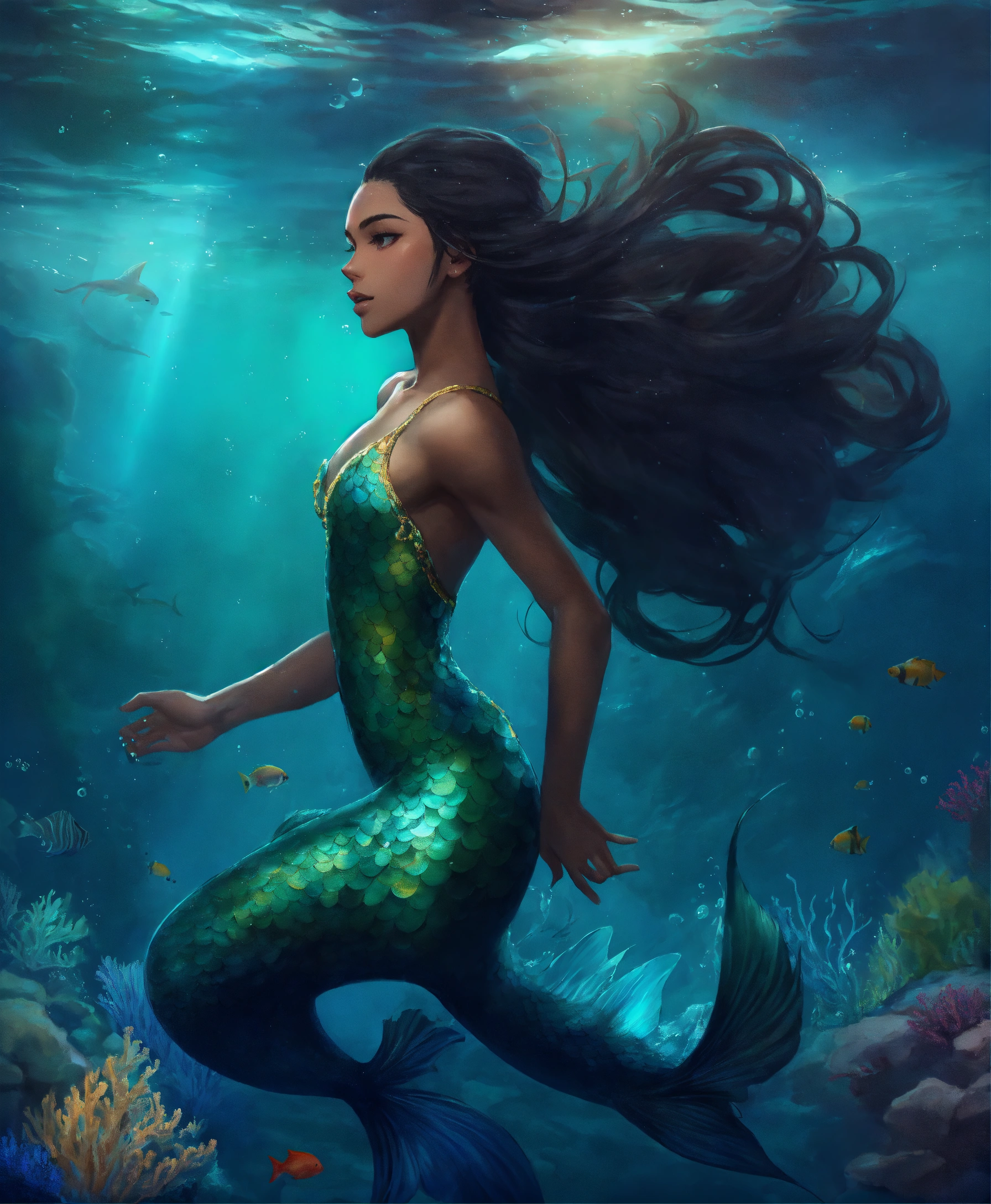 Lexica - 20 year old merman, long ponytail black hair, dark merman tail ...