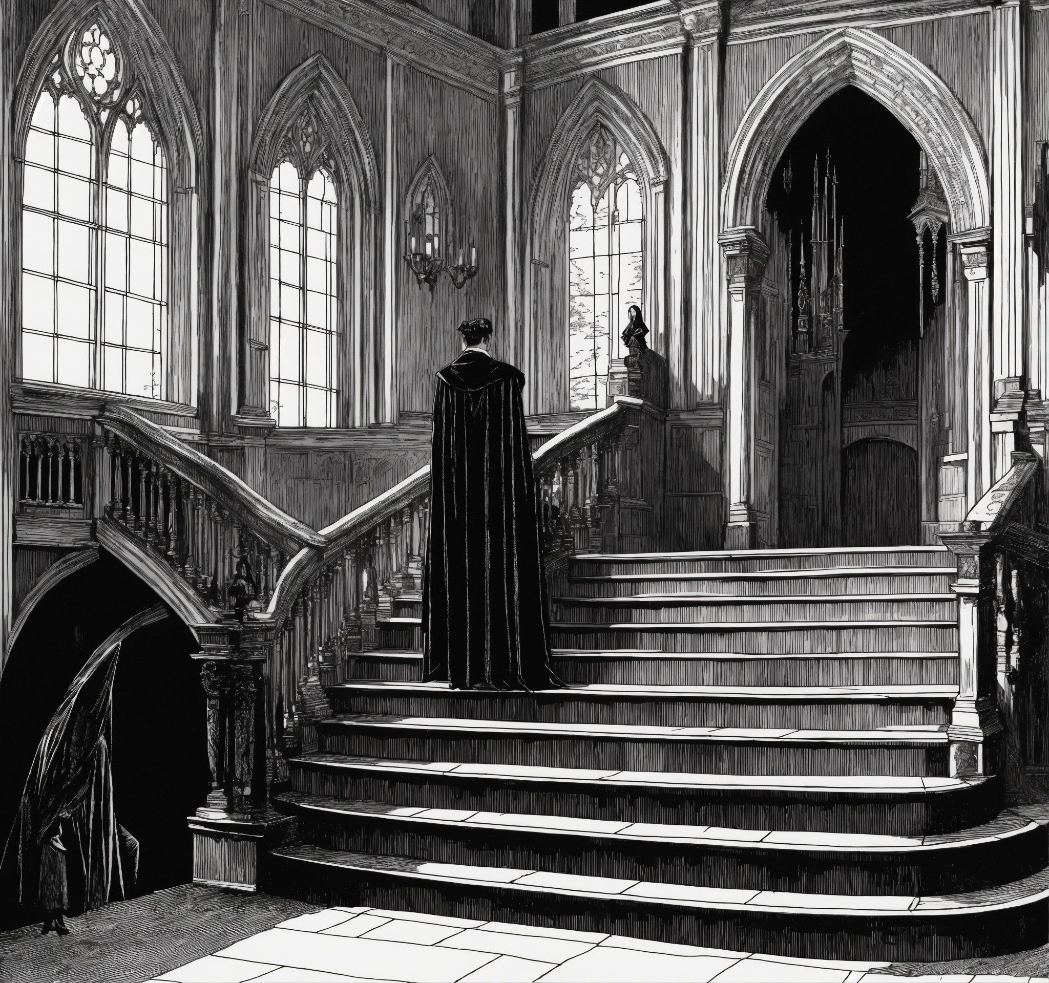 Lexica - Line art engraving; count Dracula in an old gothic castle ...