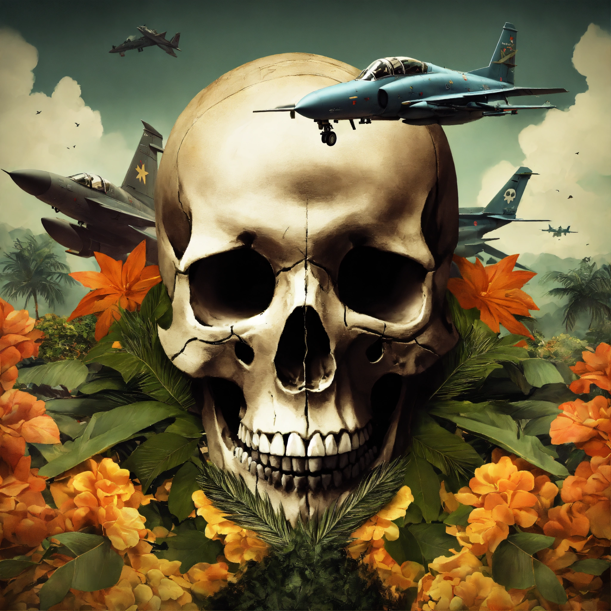 Lexica - Skull and smoke and jungle and fighter jet plane