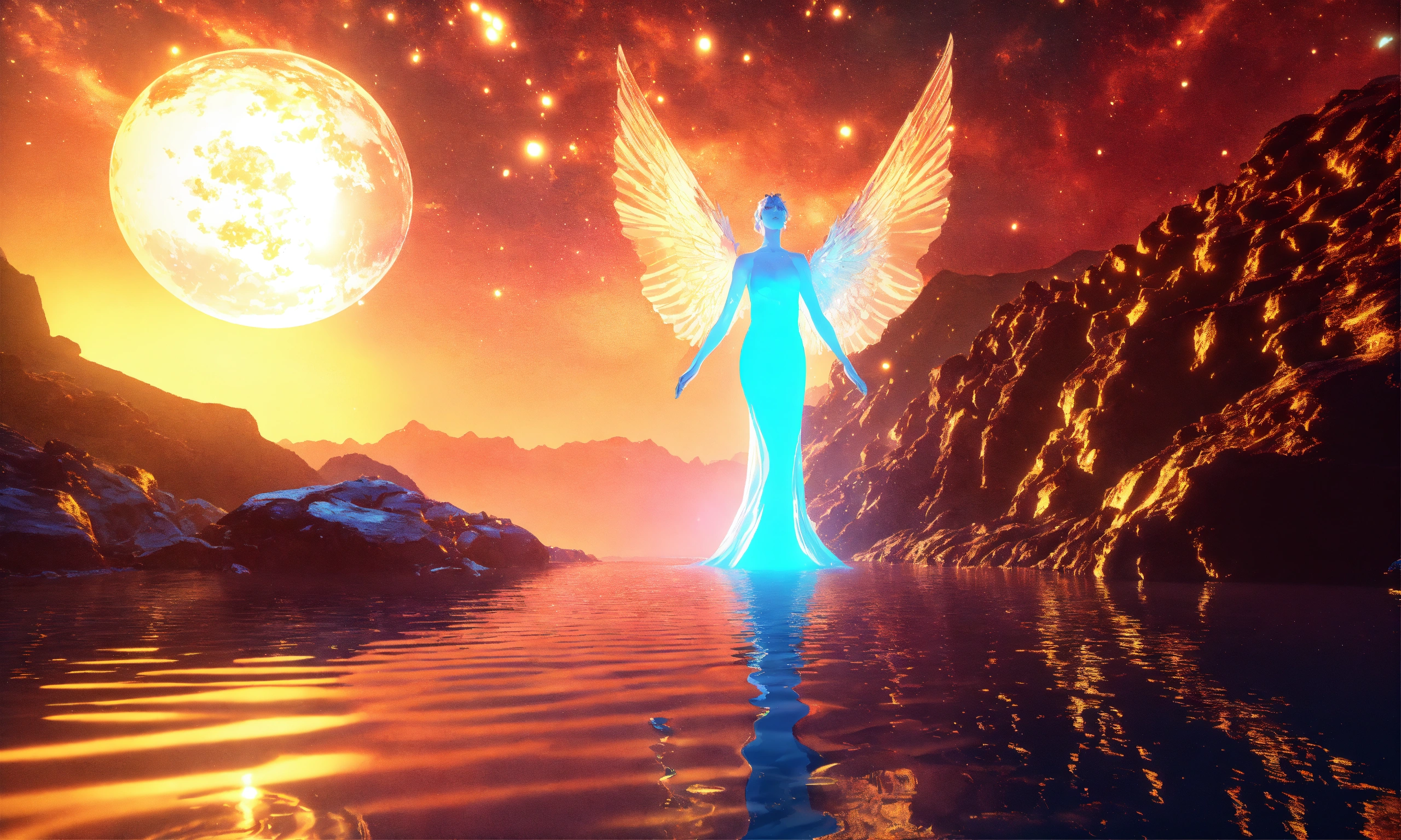 Lexica - Two ethereal water angel, mountain nebula, sun backgound ...