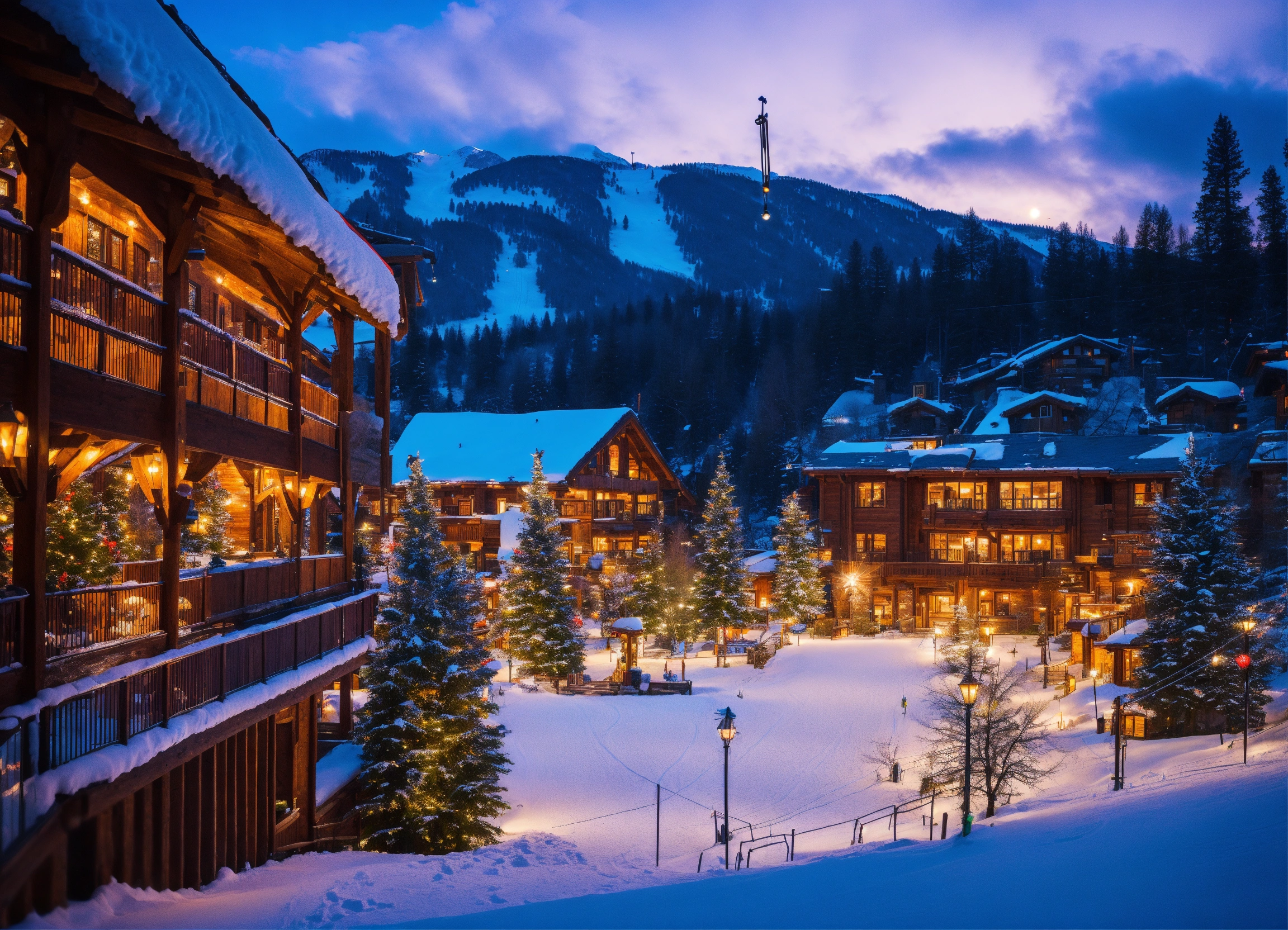 Lexica - Outdoor winter scene at a ski resort and lodge. Ski lift in ...