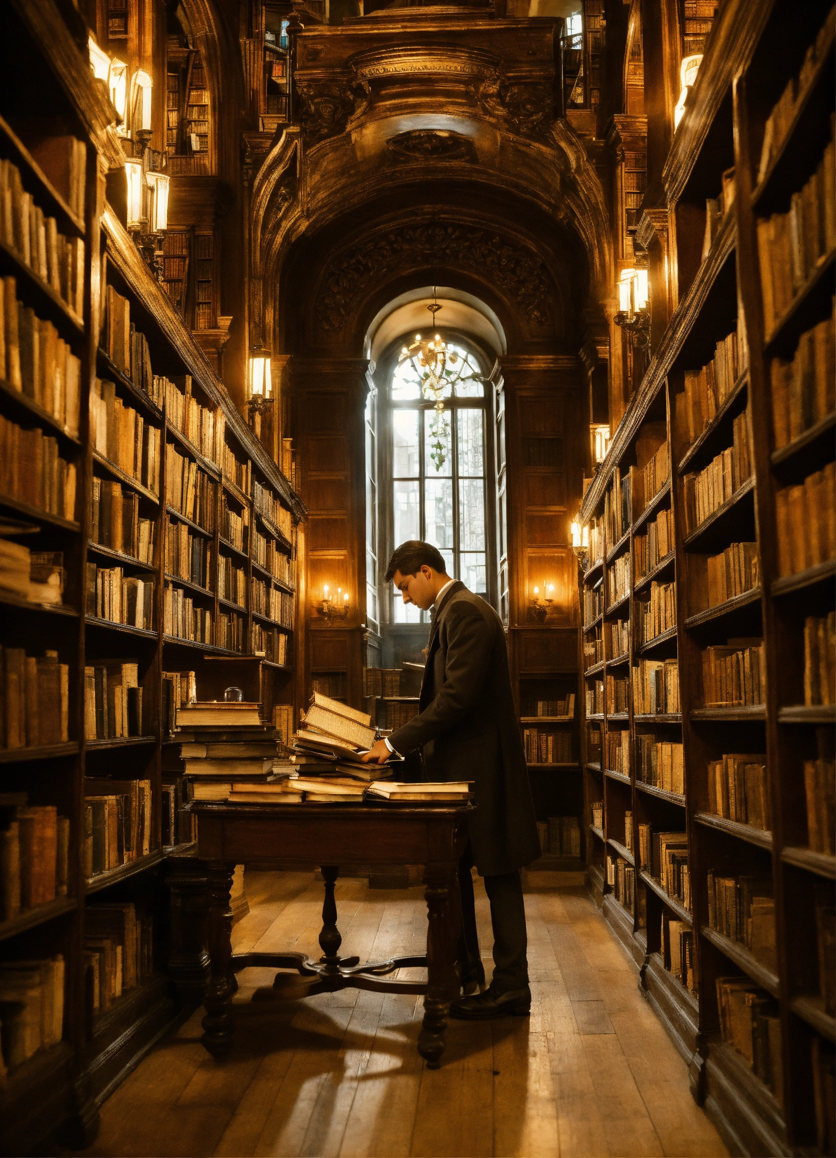 Lexica - A person deep in study in an old library, full of books