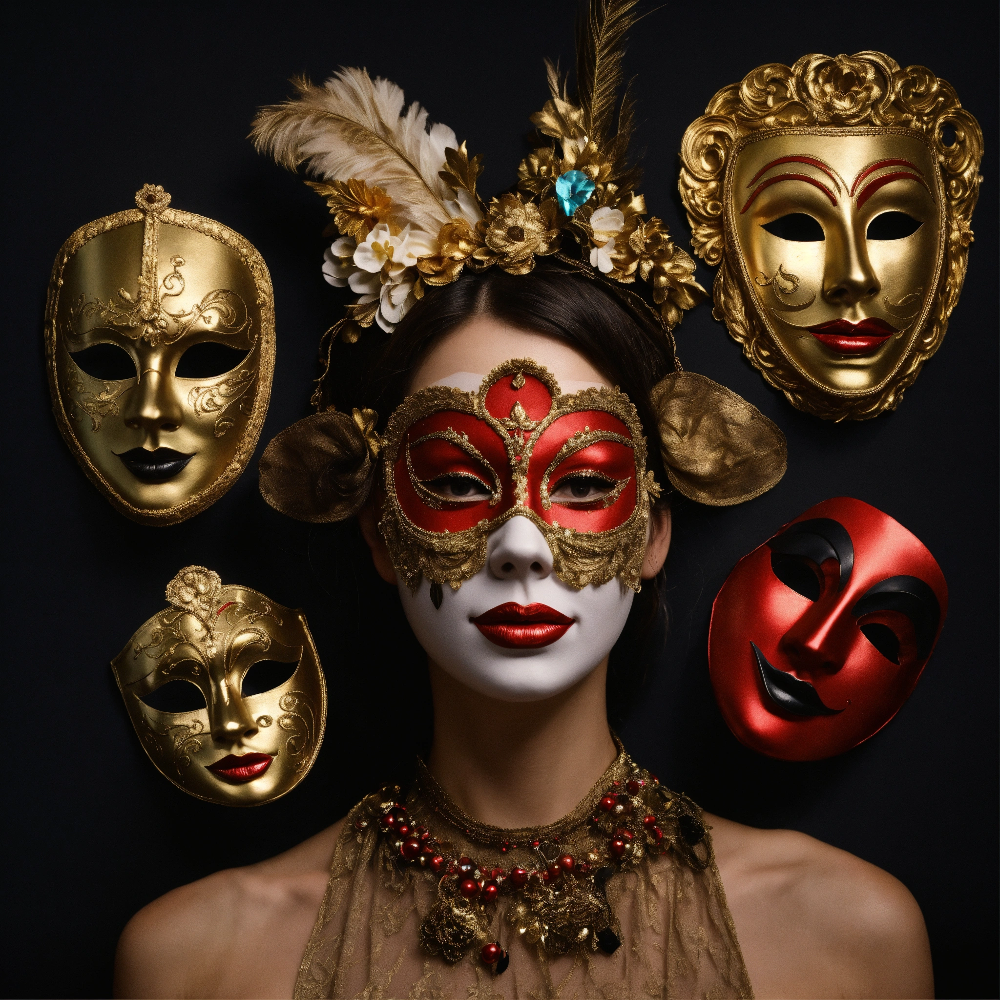 Lexica - A woman who tries to put on different theatrical masks and ...