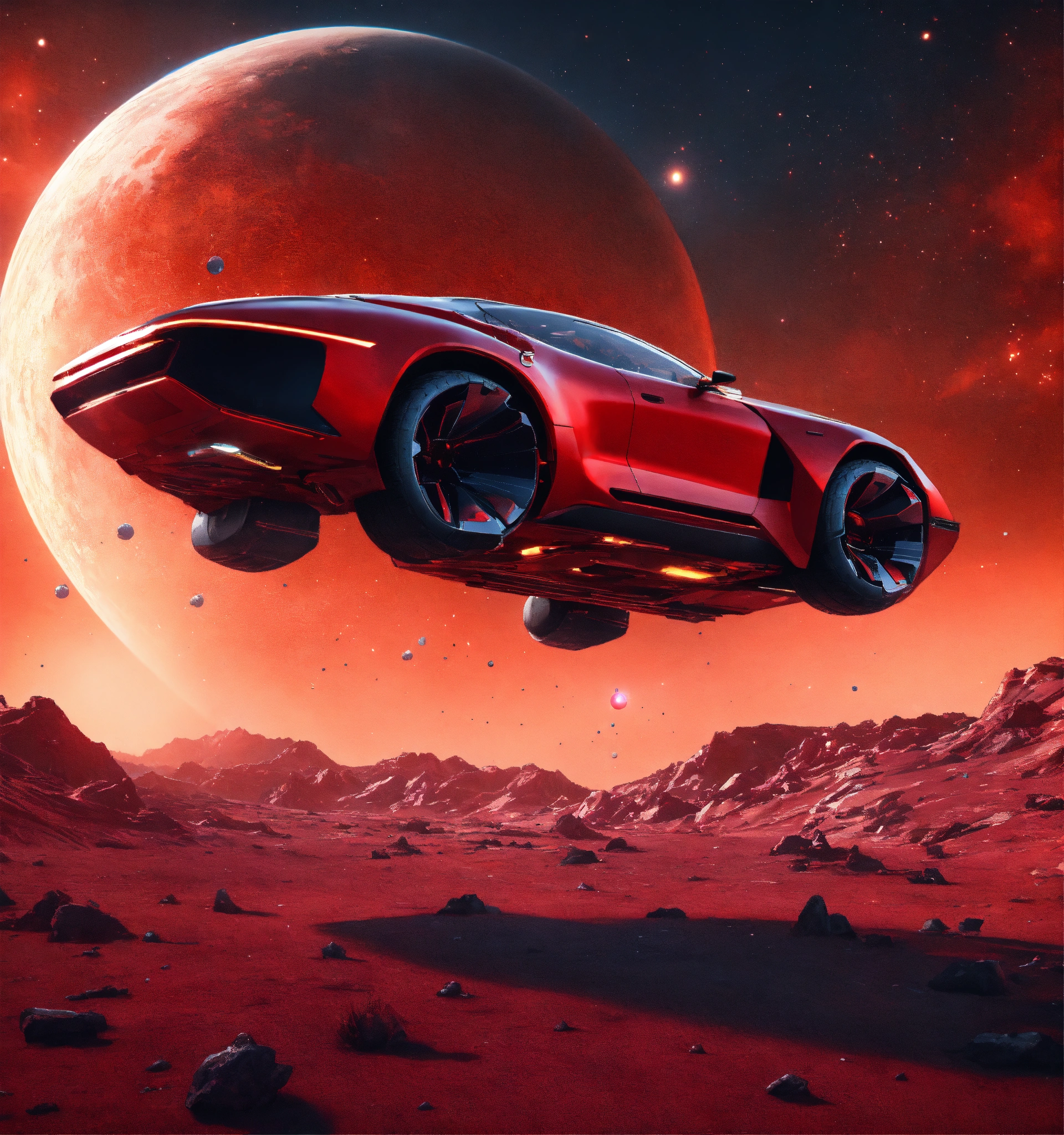 Lexica - Luxurious sleek red flying beat up futuristic clunker car ...