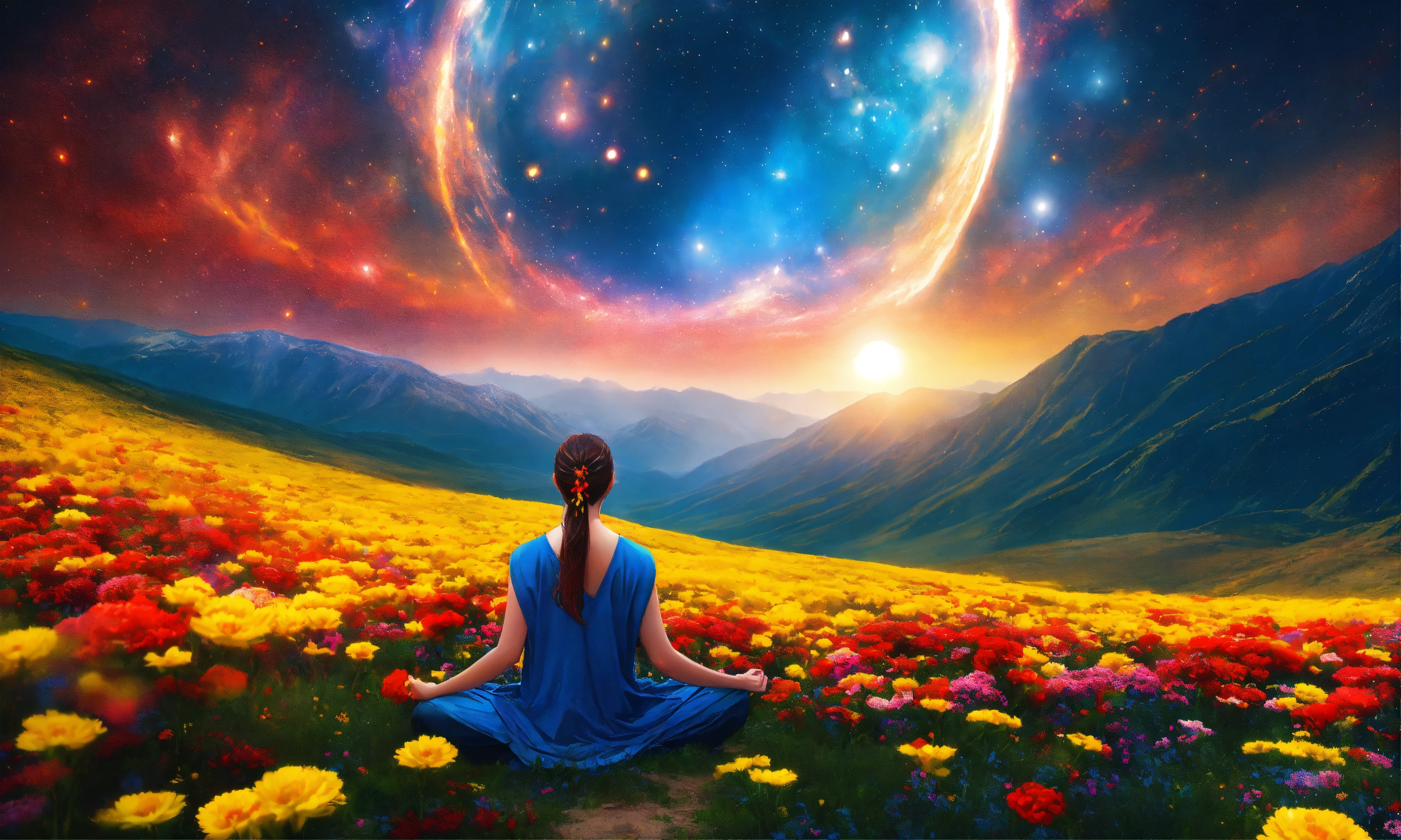 Lexica - Beautiful woman in Meditation posture, mountain, a vast field ...