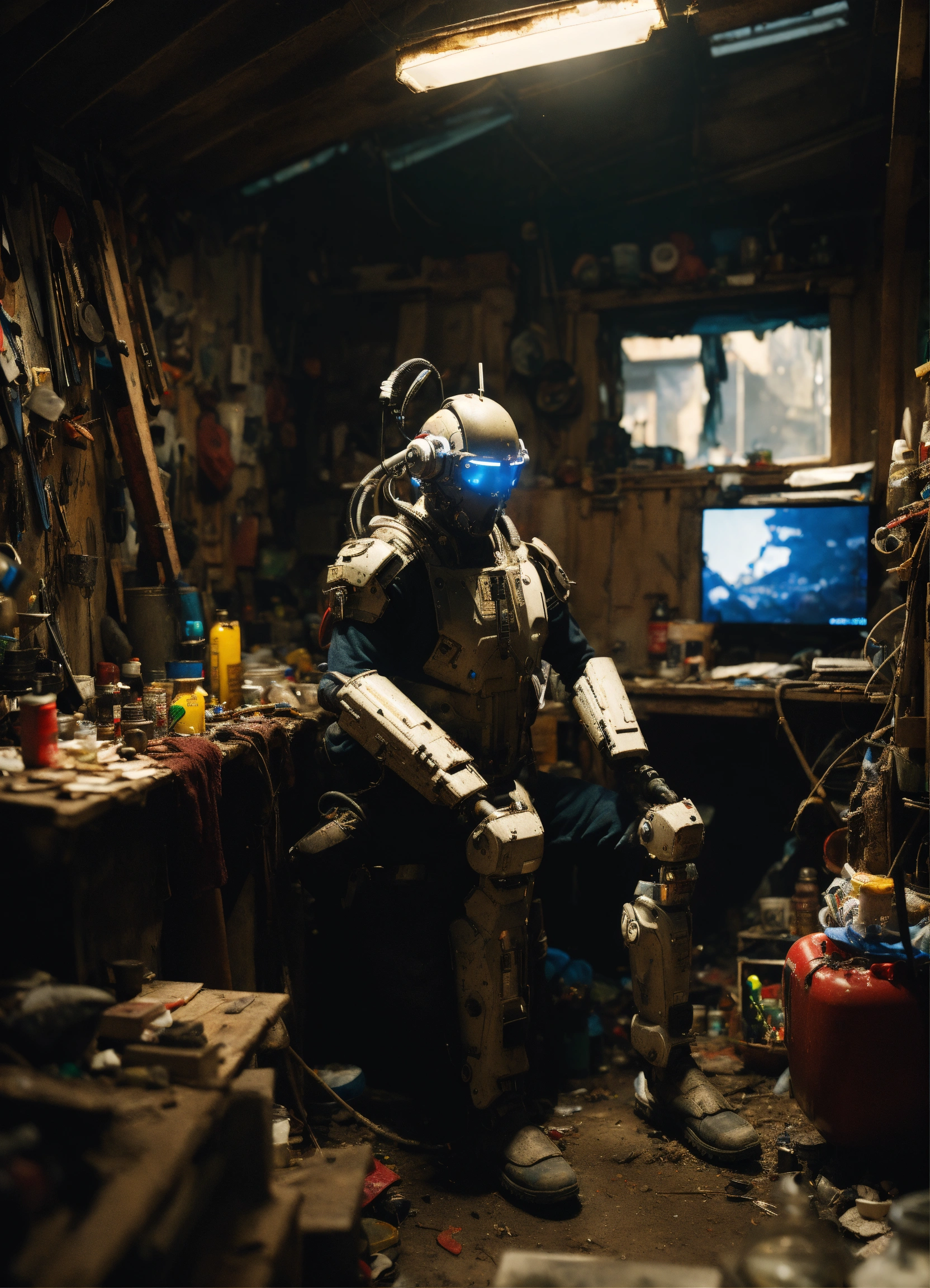 Lexica - Wide angle Environmental shot of evil Cyborg in a cluttered ...