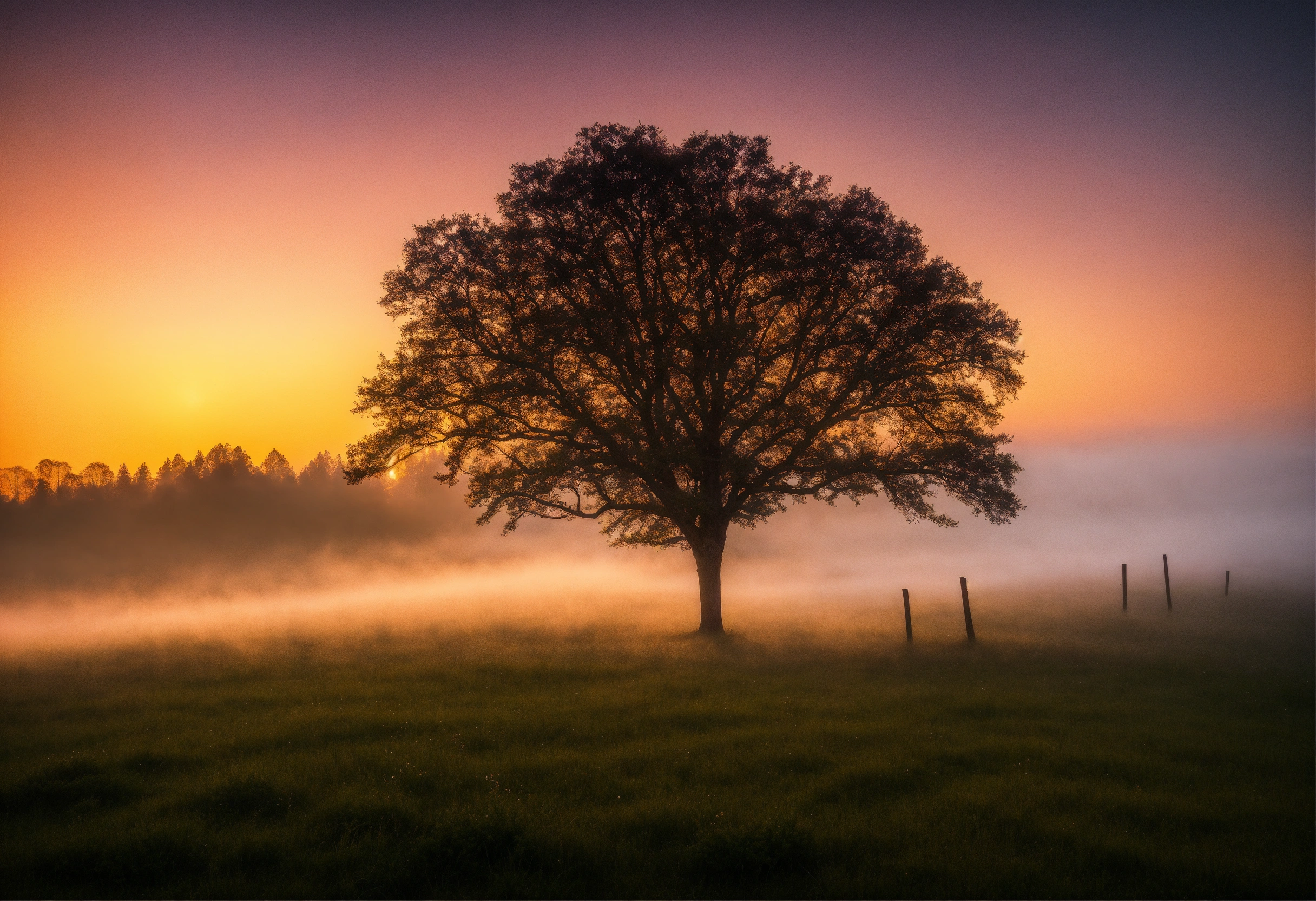 Lexica - A single tree in a meadow covered with morning fog, Glamor ...