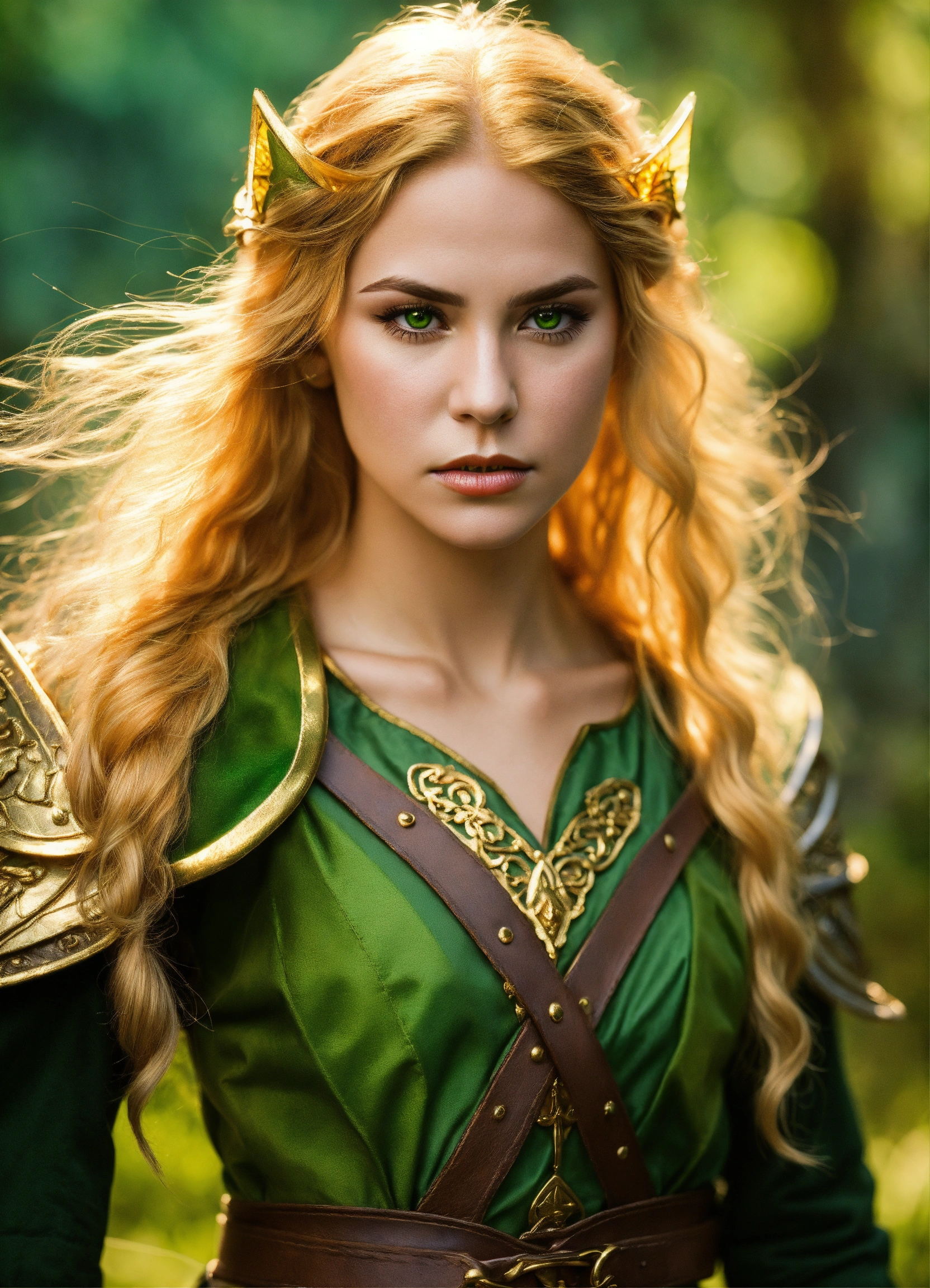 Lexica - Photo quality portrait of a female elf ranger with golden hair ...