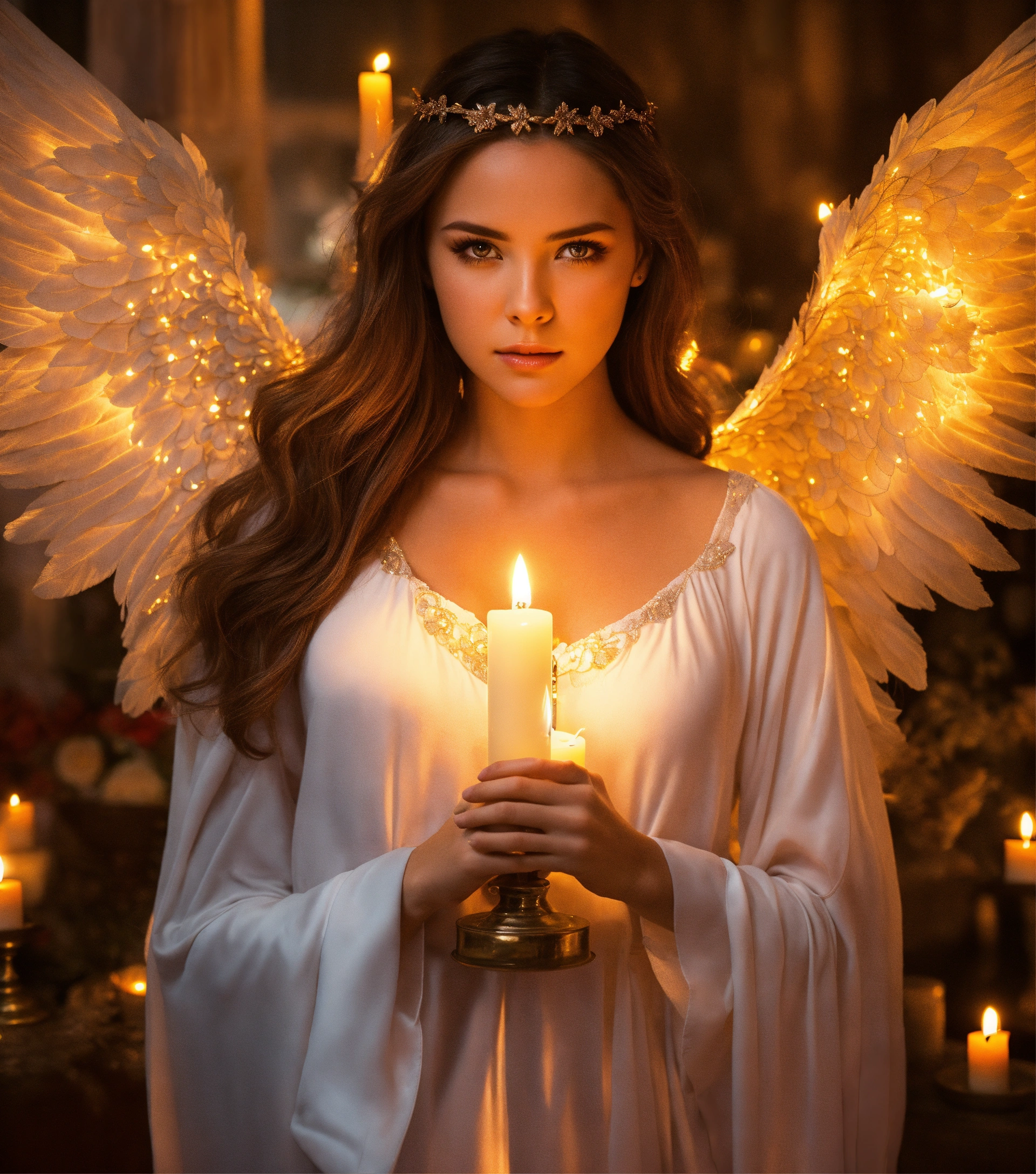 Lexica - Attractive, Female, Angel, Glowing eyes, candles in background