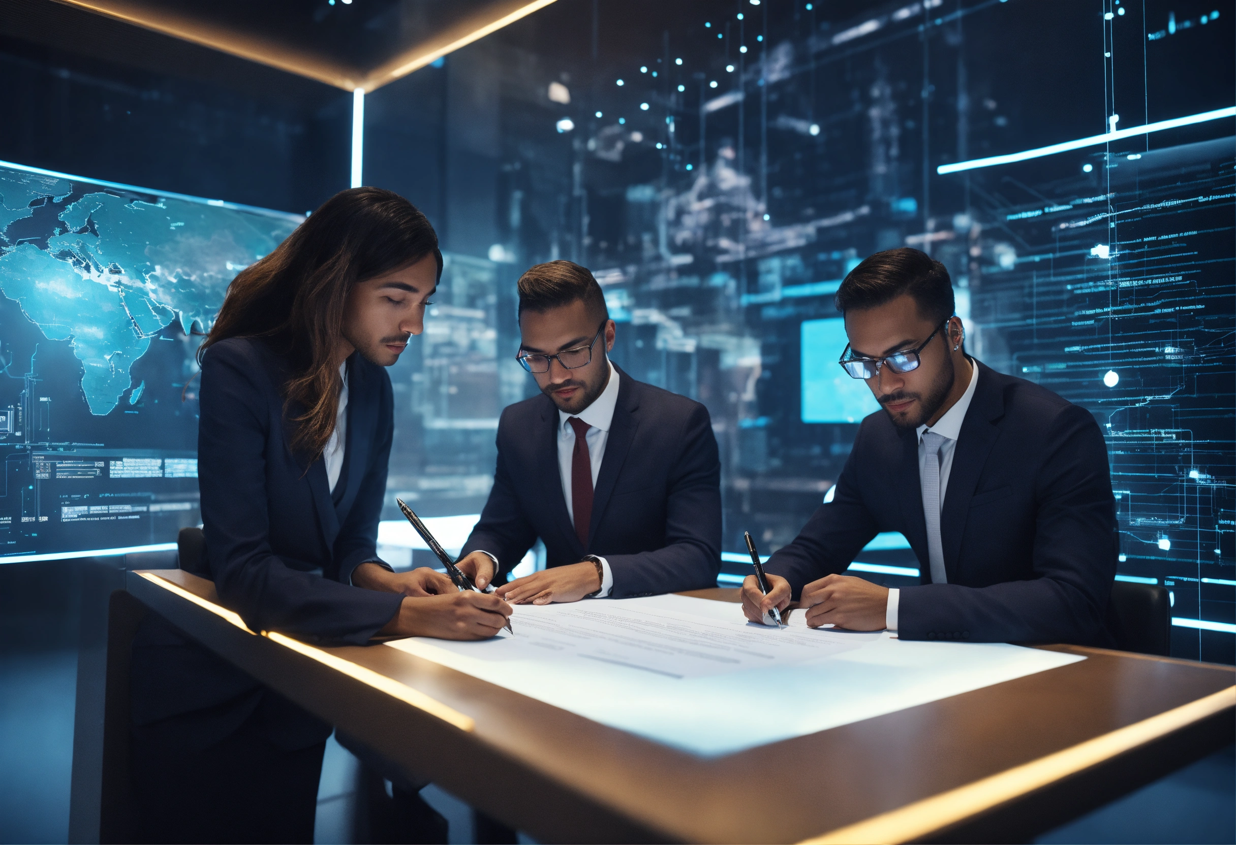 Lexica - Company representatives signing a contract, futuristic and ...