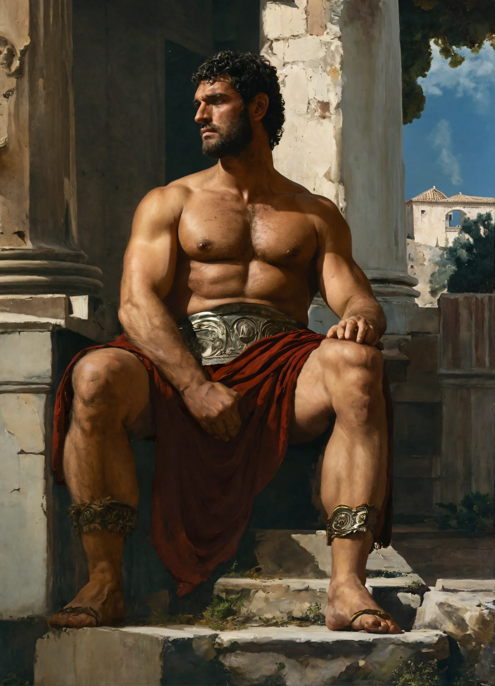 Lexica - A tall roman man with hairy chest and beefy body sitting, in ...