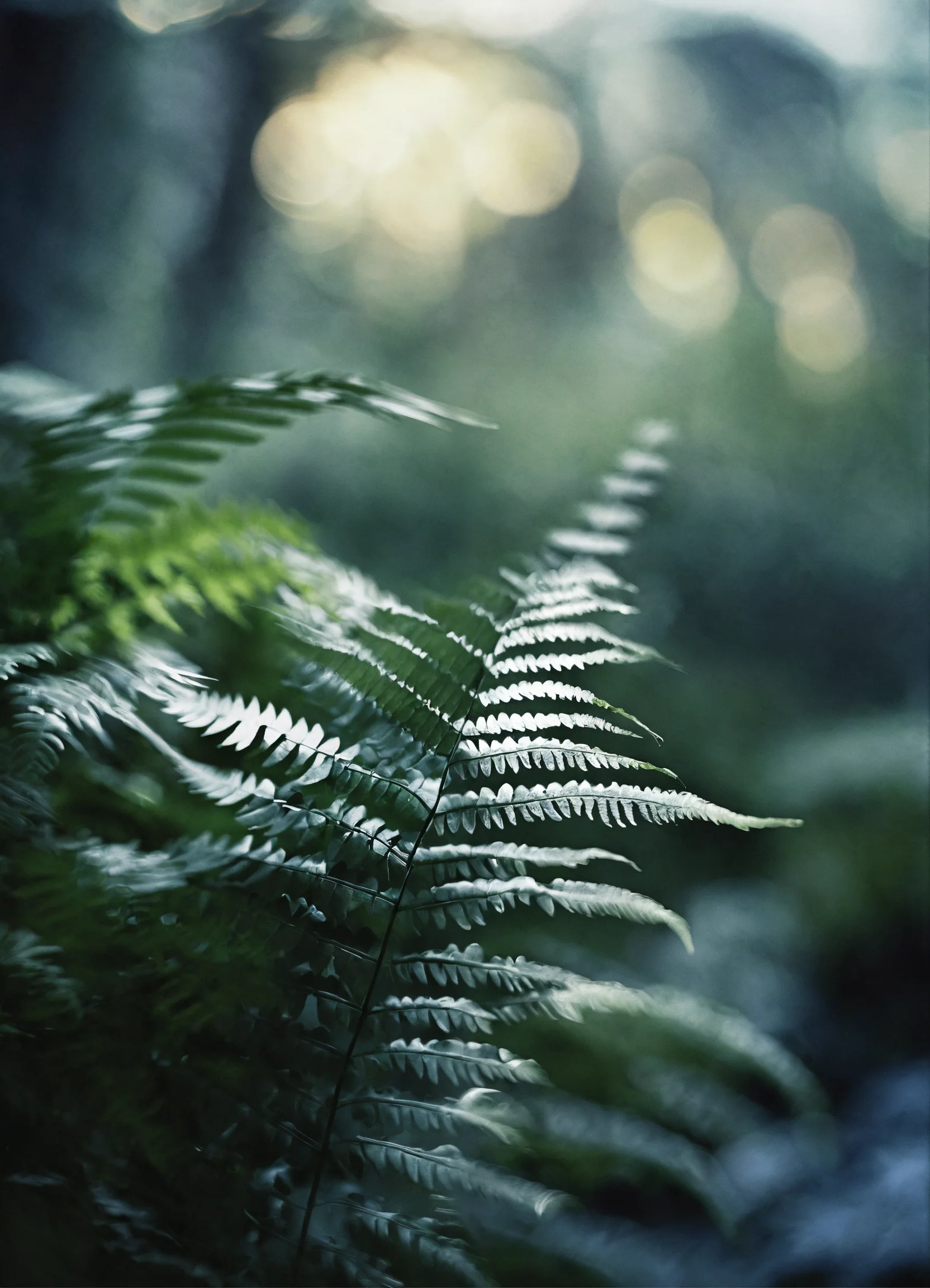 Blurred background, fern leaves, daybreak, photography in Sebastião Salgado style