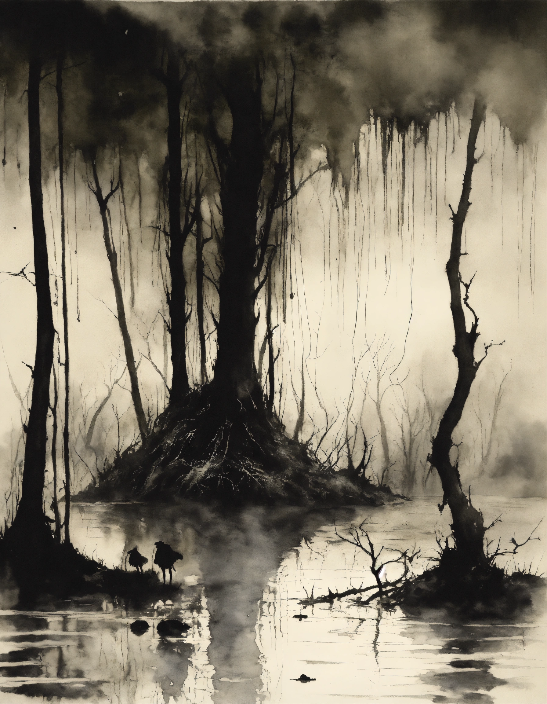 Lexica - Style of Stephen Gammell, watercolors, black and white, swamp ...