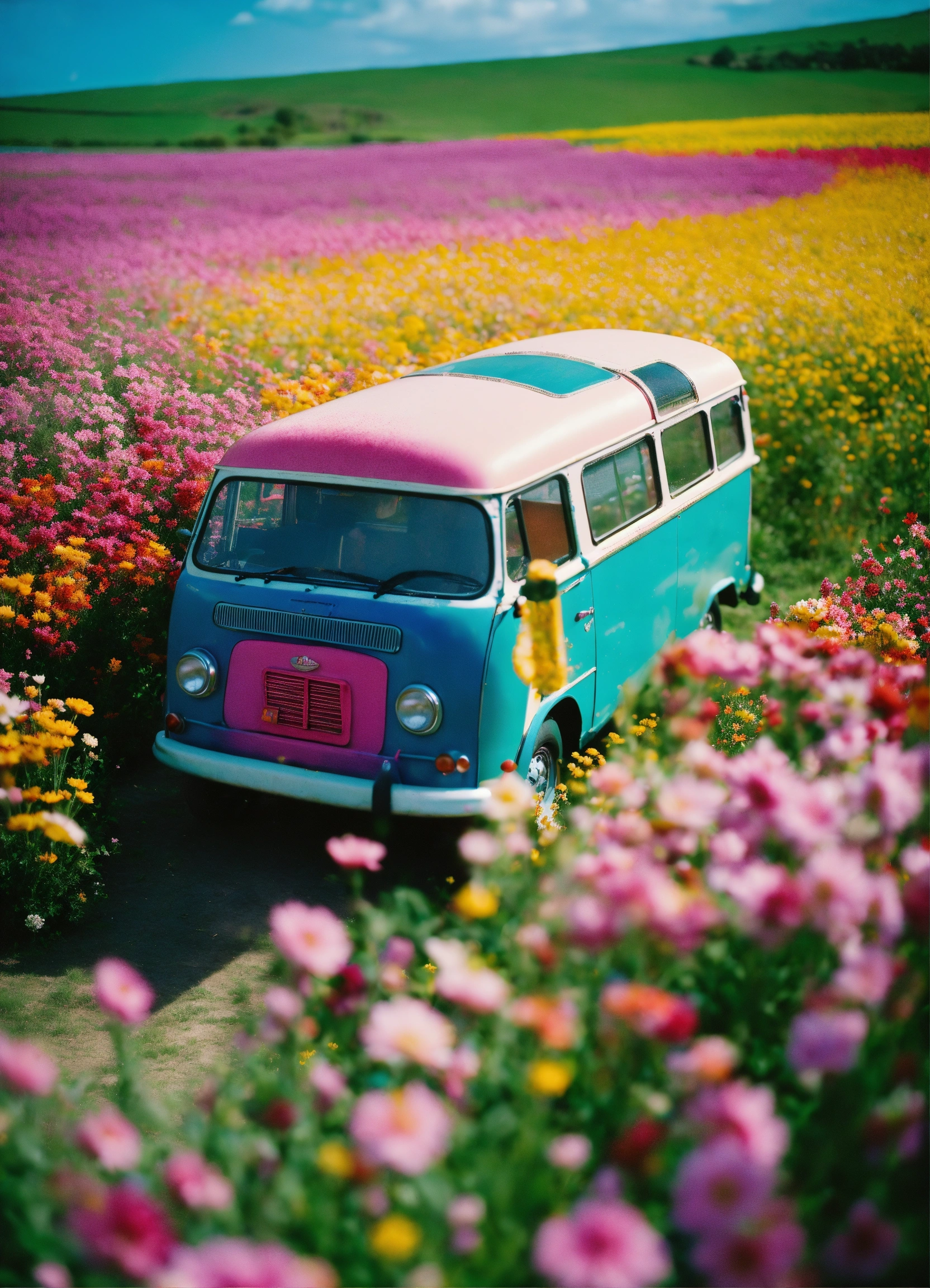 Lexica - A colourful vintage mini bus standing in the centre, vintage ...