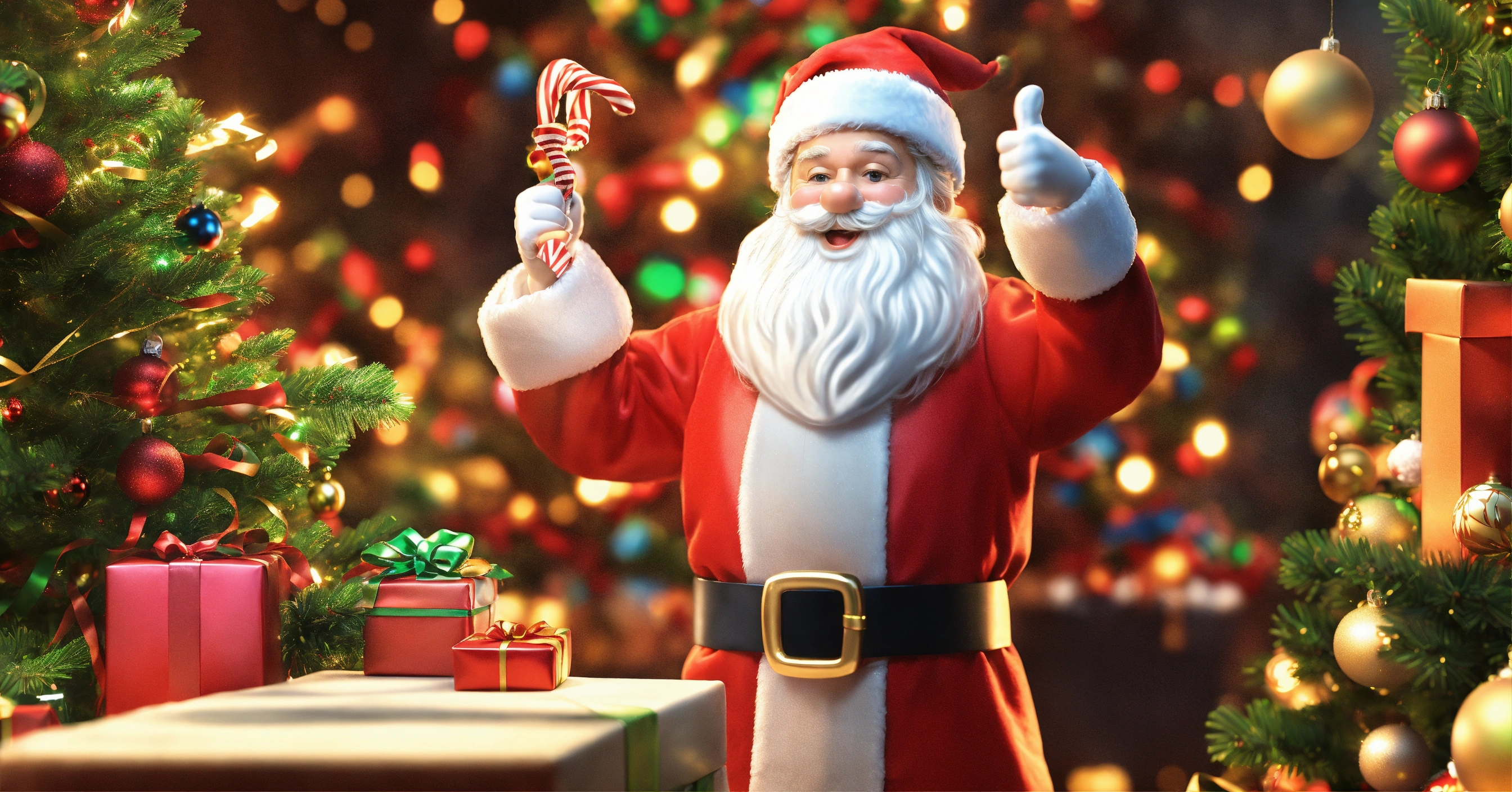 Lexica - Santa Claus giving thumbs up, Christmas tree, with toys, in 3d ...