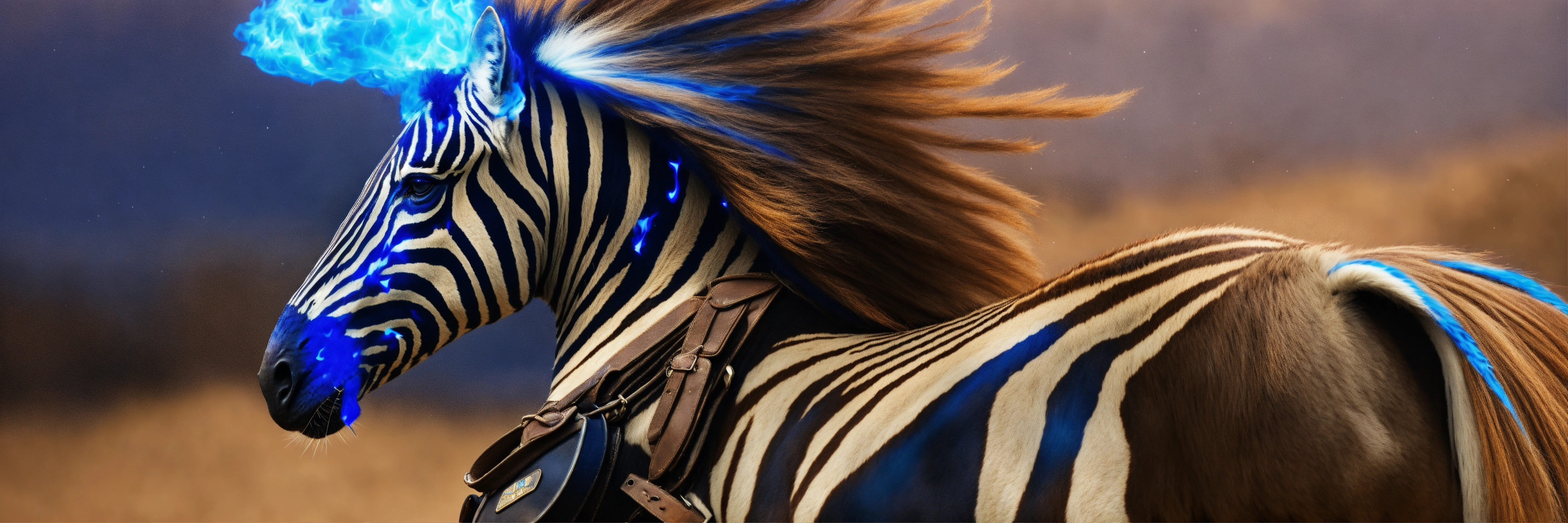 Lexica - Zebra with riding gear, with a mane and tail of blue flame