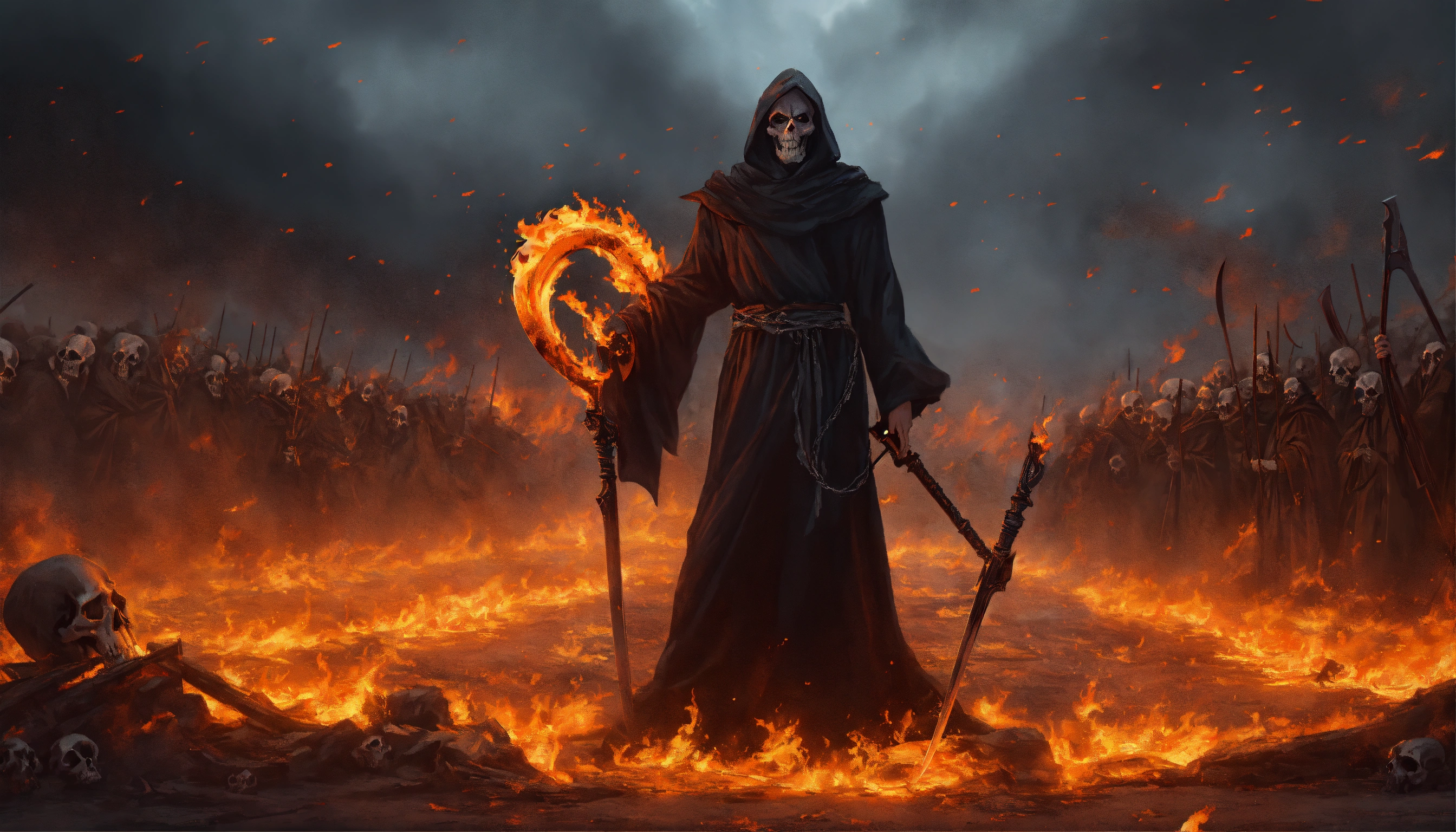 Lexica - Menacing grim reaper with flaming scythe, tattered flowing ...